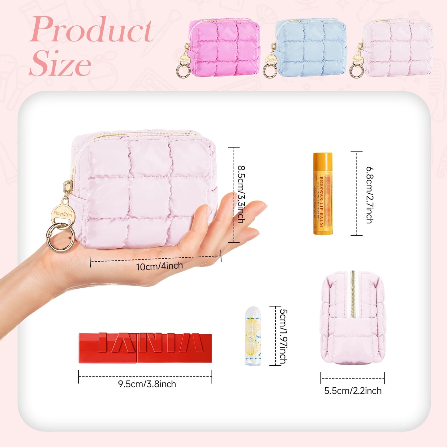 Playexen Puffy Mini Makeup Bag, Cute Quilted Small Cosmetic Bag for Purse, Portable Travel Makeup Pouch for Lipsticks, Chapsticks, Earphone, Credit Card, Birthday/Wedding/Christmas Gifts (Pink)