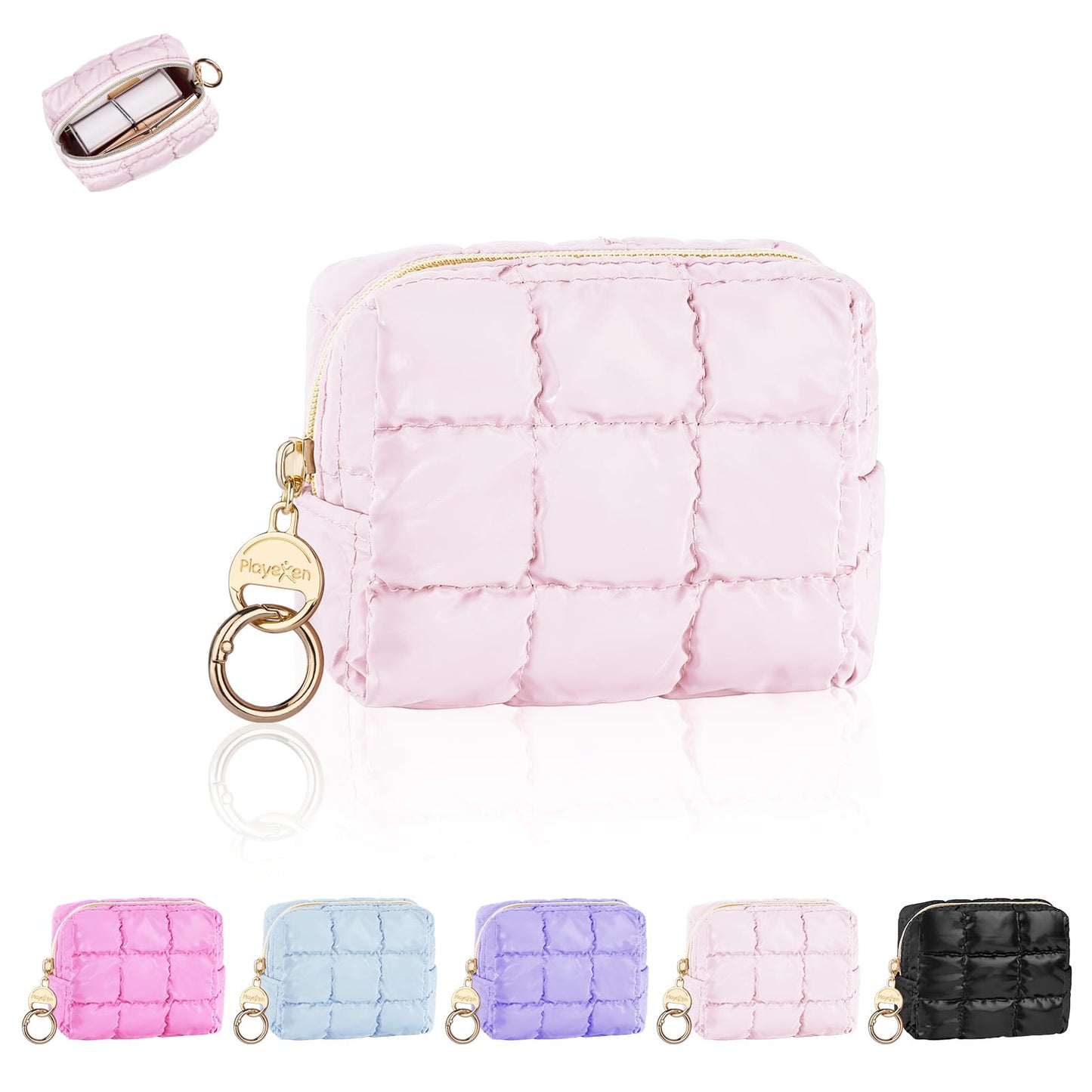 Playexen Puffy Mini Makeup Bag, Cute Quilted Small Cosmetic Bag for Purse, Portable Travel Makeup Pouch for Lipsticks, Chapsticks, Earphone, Credit Card, Birthday/Wedding/Christmas Gifts (Pink)