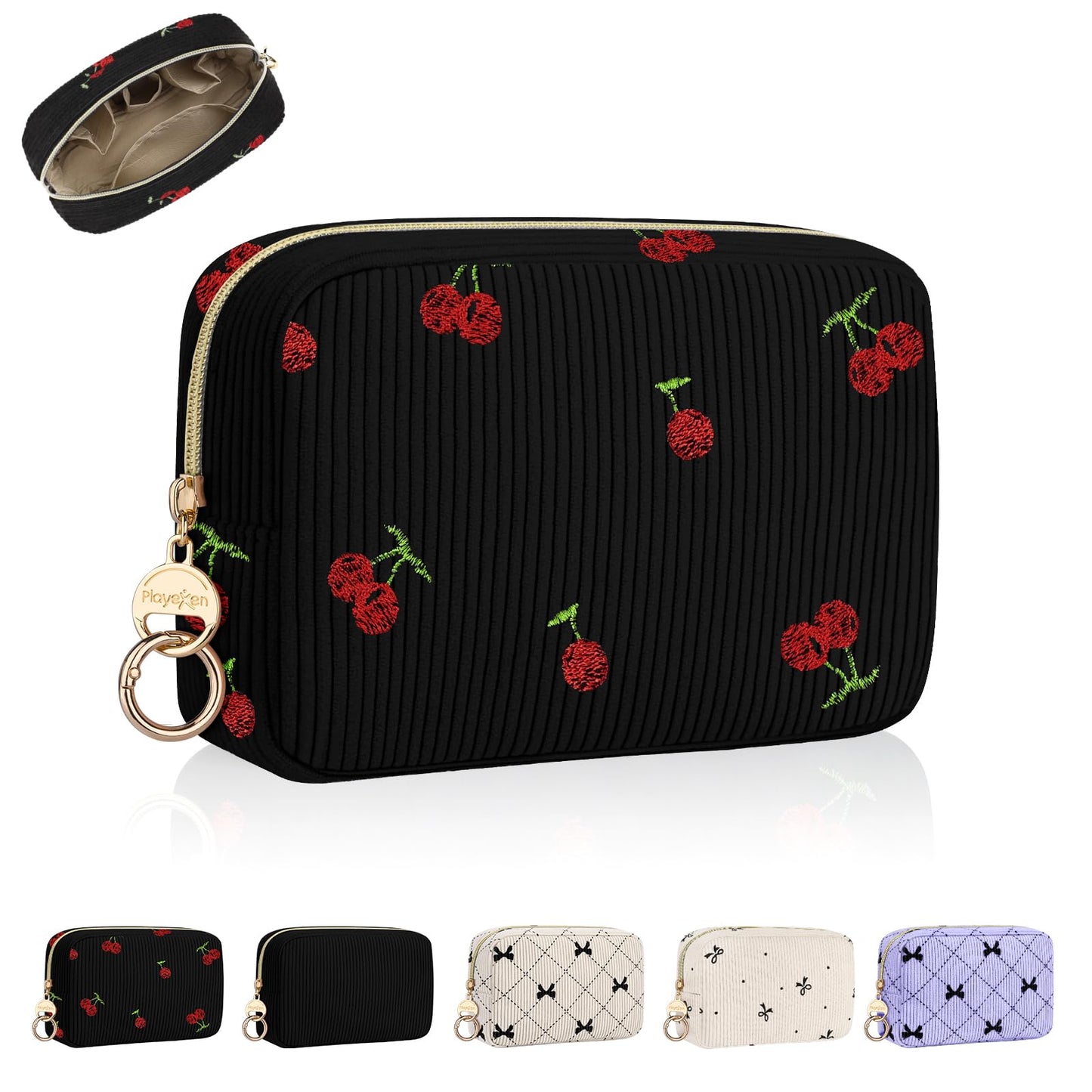 Playexen Small Makeup Bag, Multi Pockets Cherry Cosmetic Bag, Black