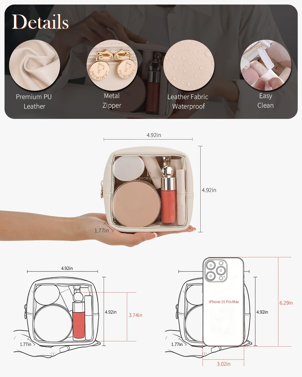 Pocmimut Clear Makeup Bag,Easy to Find Mini Makeup Bag for Purse,Travel Makeup Bag for Car, Compact Cosmetic Pouch for Daily Essentials,Beige