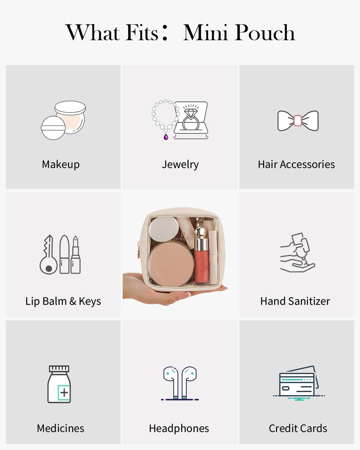 Pocmimut Clear Makeup Bag,Easy to Find Mini Makeup Bag for Purse,Travel Makeup Bag for Car, Compact Cosmetic Pouch for Daily Essentials,Beige