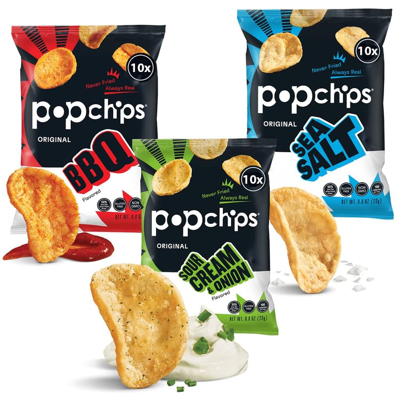 Popchips Variety Pack – Baked Potato Chips 0.8 oz Bags (30 Count): BBQ, Sea Salt & Sour Cream & Onion