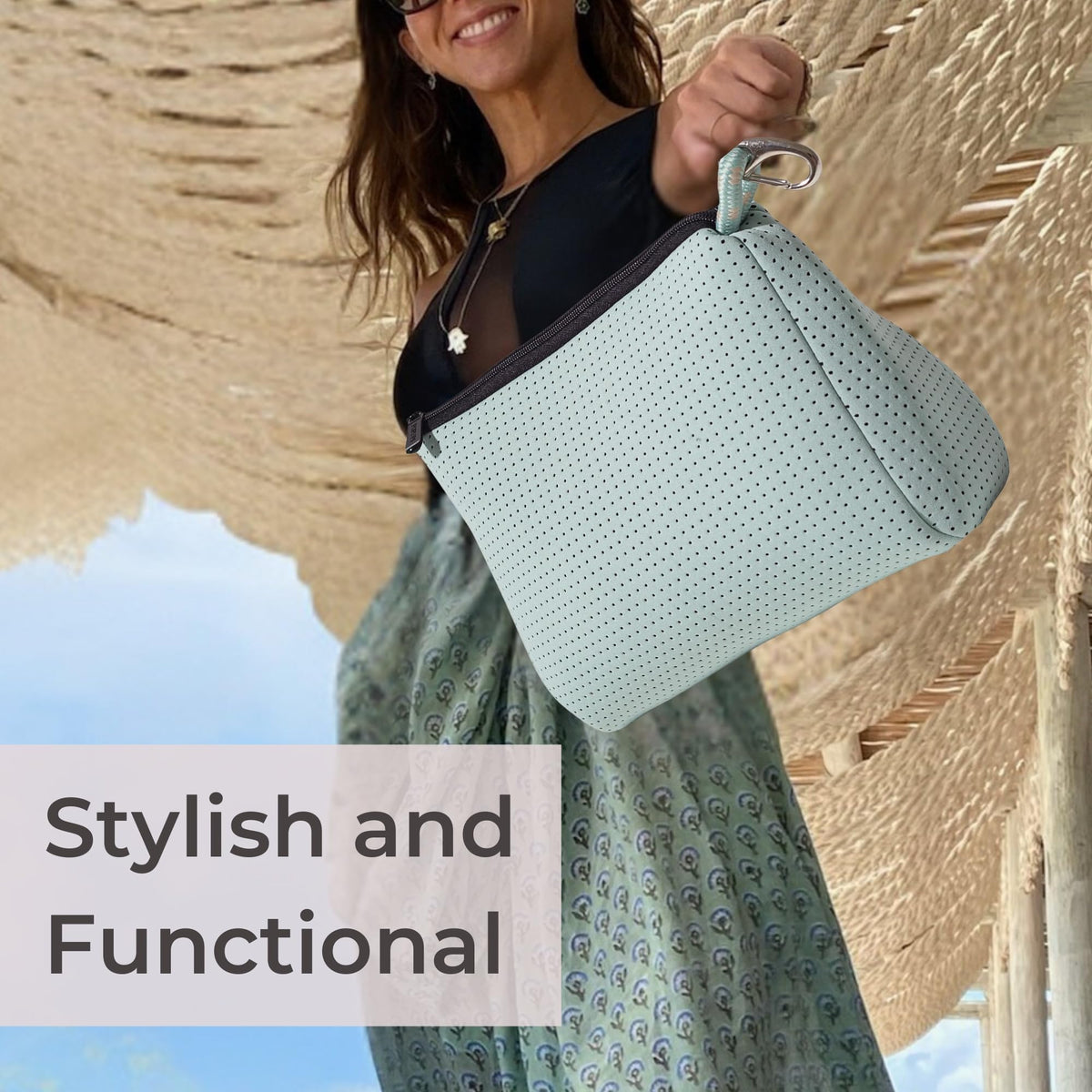 POPUPS Large Makeup Bag with Zipper - Waterproof Neoprene Cosmetic Bag 7.7 x 10.75 x 5 inches - Pouch Minty Green