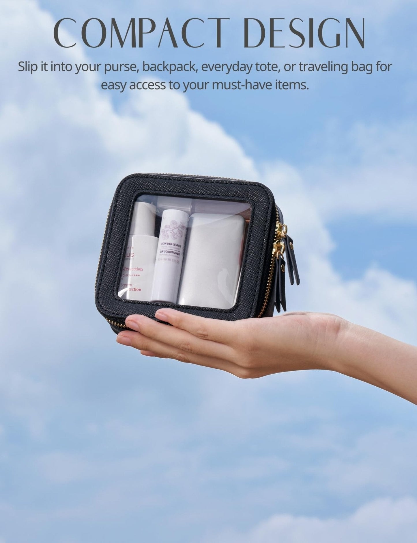 Popvibe Small Clear Makeup Bag for Purse, Travel Cosmetic Case, Black, Mini