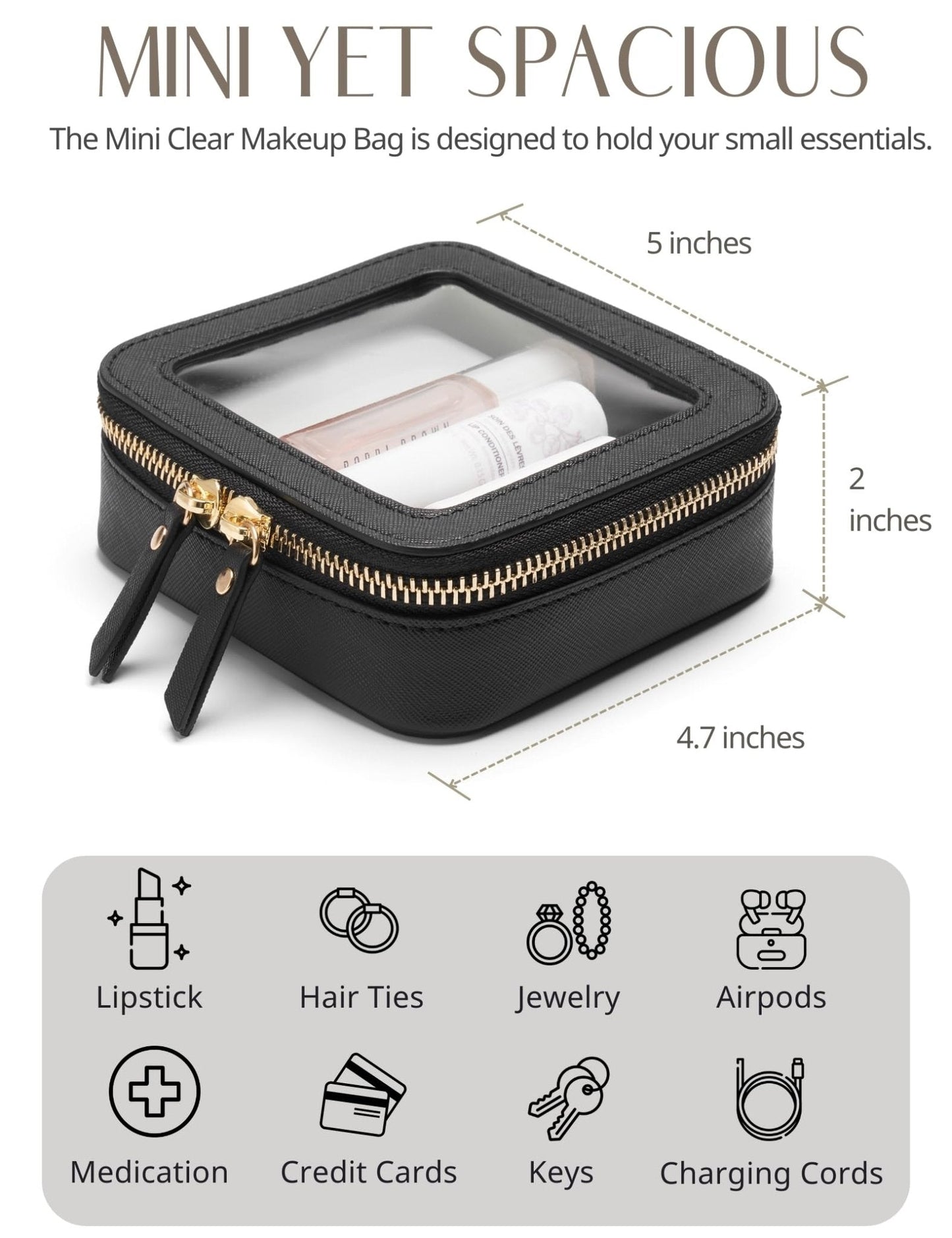 Popvibe Small Clear Makeup Bag for Purse, Travel Cosmetic Case, Black, Mini