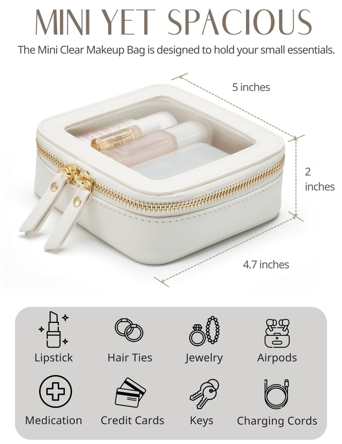 Popvibe Small Clear Makeup Bag for Purse, Travel Cosmetic Case, White, Mini