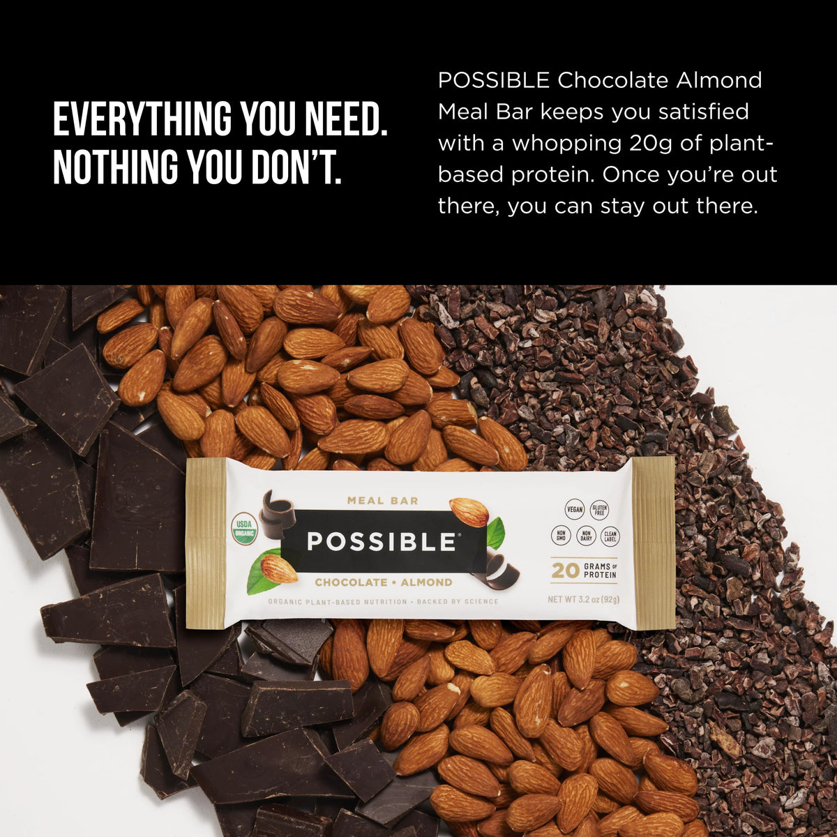 POSSIBLE Meal Bar | 20g Organic Plant-Based Protein | Chocolate Almond | Clean Label On-The-Go Nutrition