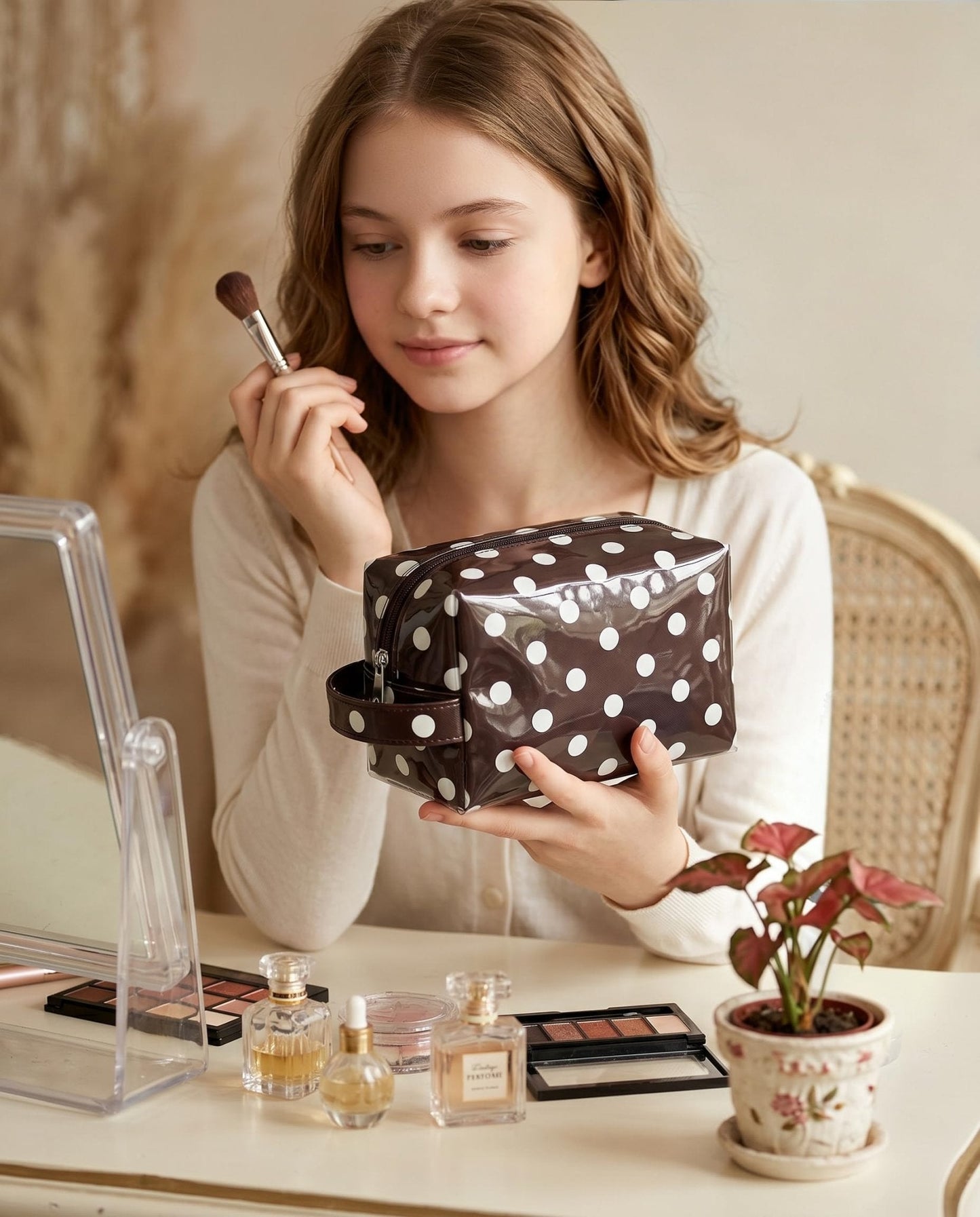 Preppy Coffee Beige Polka Dot Clear Cosmetic Bag, Waterproof PVC Travel Toiletry Bag, Travel Makeup Organizer Pouch with Zipper, Cute Aesthetic Travel Storage Bag for Women Girls (Dot-Coffee Beige)