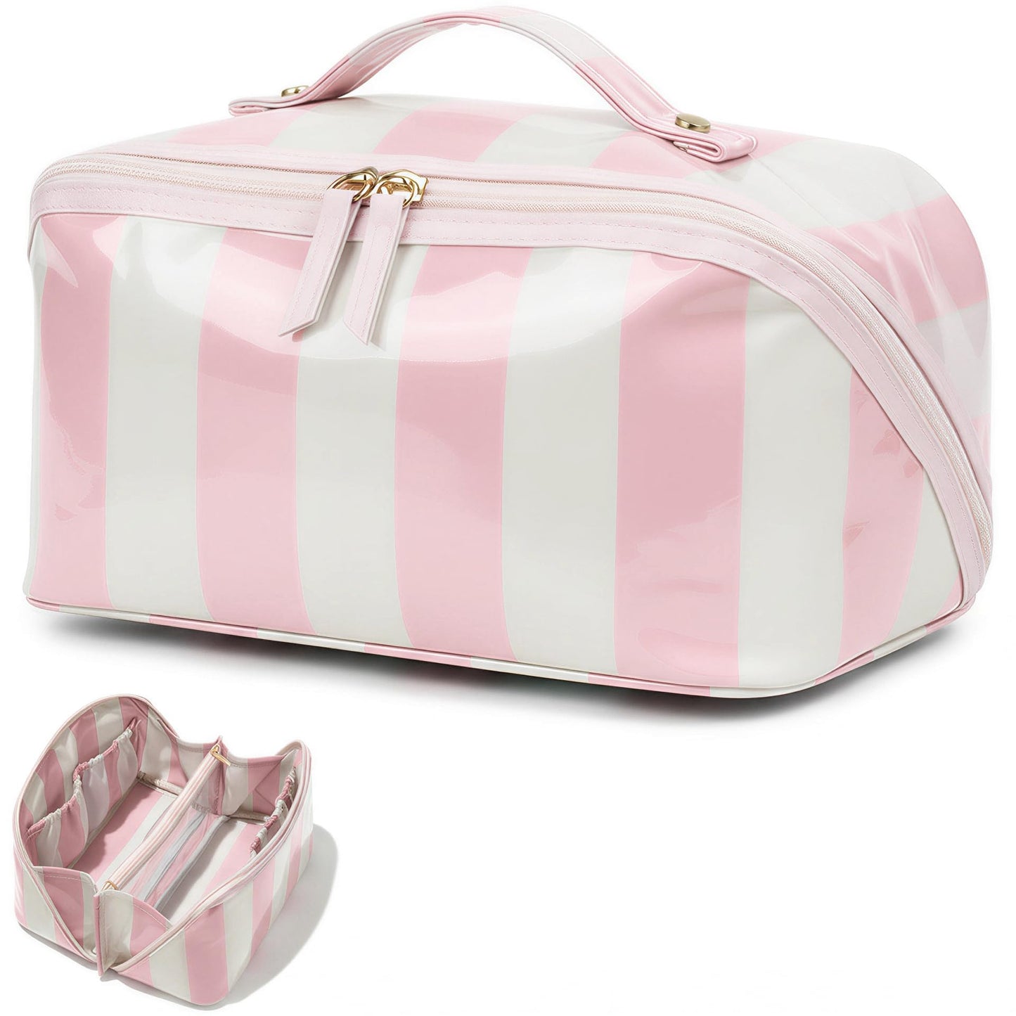 Preppy Stripe Clear Travel Makeup Bag, Waterproof Glossy PVC Cosmetic Organizer with Handle, Large Capacity Toiletry Bag for Women,Travel Organizer Zipper Pouch Beach Vacation Essentials (Pink White)