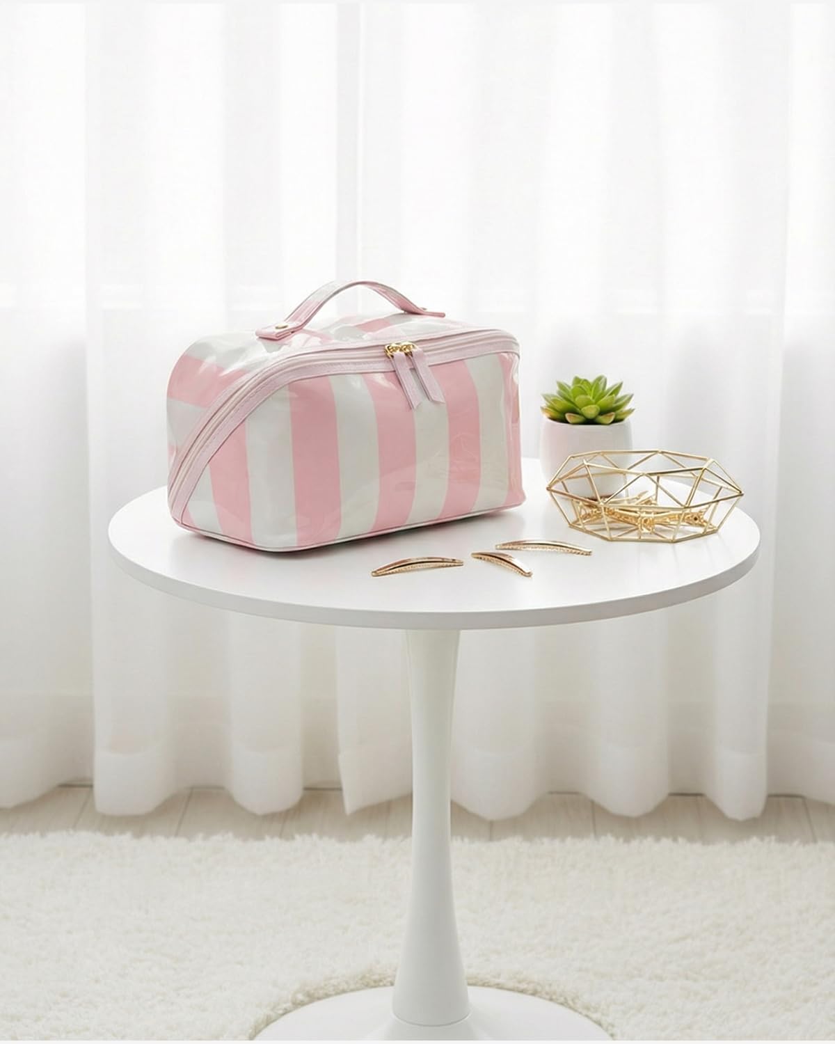 Preppy Stripe Clear Travel Makeup Bag, Waterproof Glossy PVC Cosmetic Organizer with Handle, Large Capacity Toiletry Bag for Women,Travel Organizer Zipper Pouch Beach Vacation Essentials (Pink White)