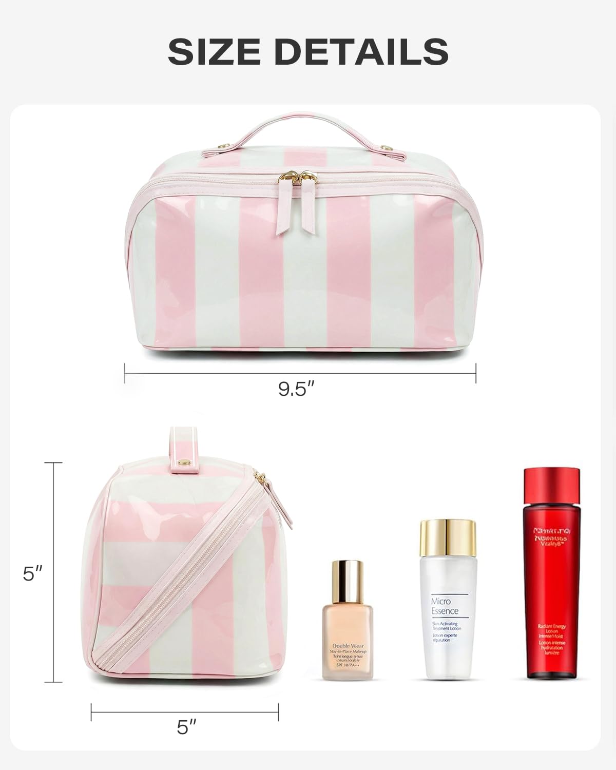 Preppy Stripe Clear Travel Makeup Bag, Waterproof Glossy PVC Cosmetic Organizer with Handle, Large Capacity Toiletry Bag for Women,Travel Organizer Zipper Pouch Beach Vacation Essentials (Pink White)