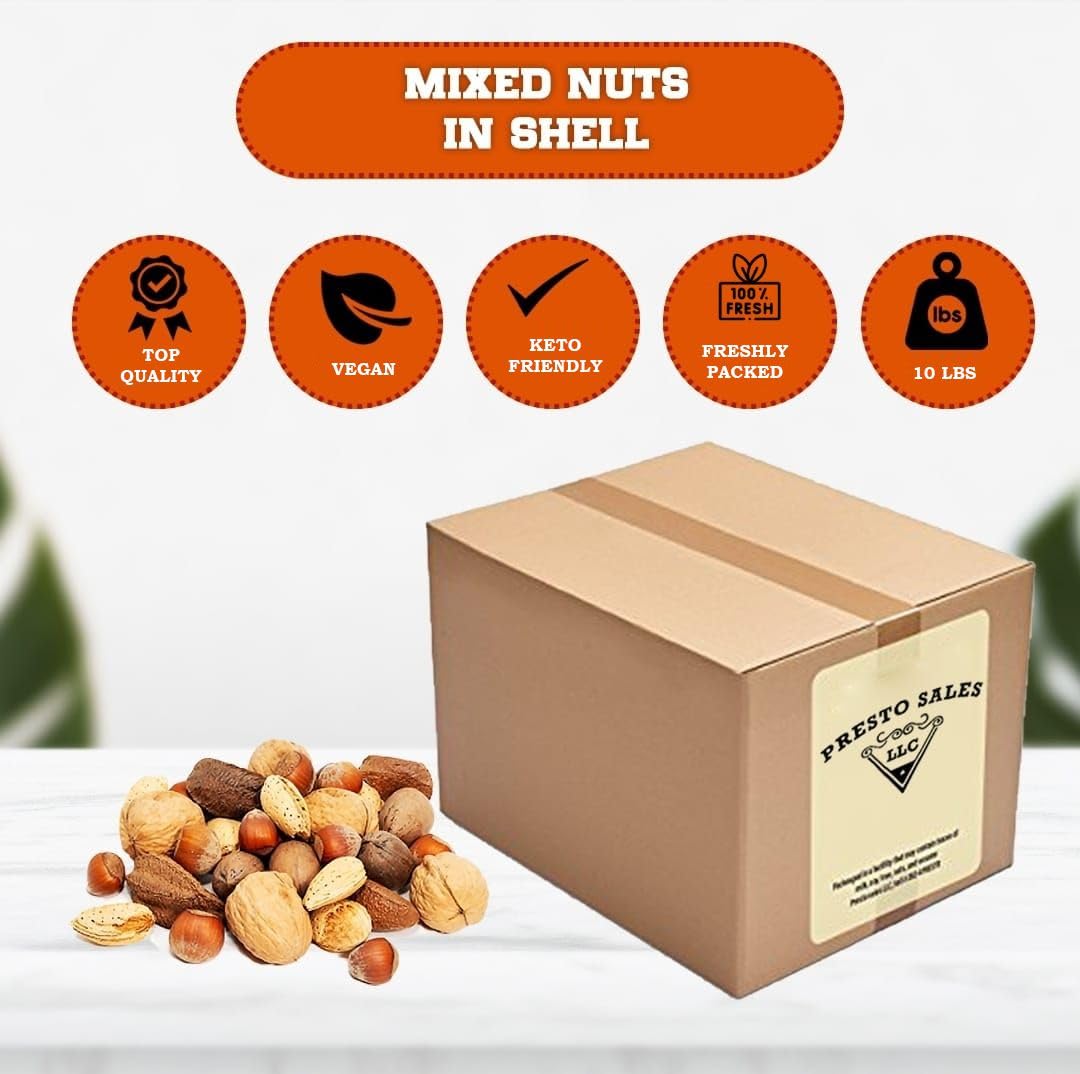 Presto Sales Mixed Nuts in Shell 160 oz | Fresh Raw Unsalted Nut Mix with Brazil Nuts, Hazelnuts, Walnuts, Almonds & Pecans | 10 lb Box
