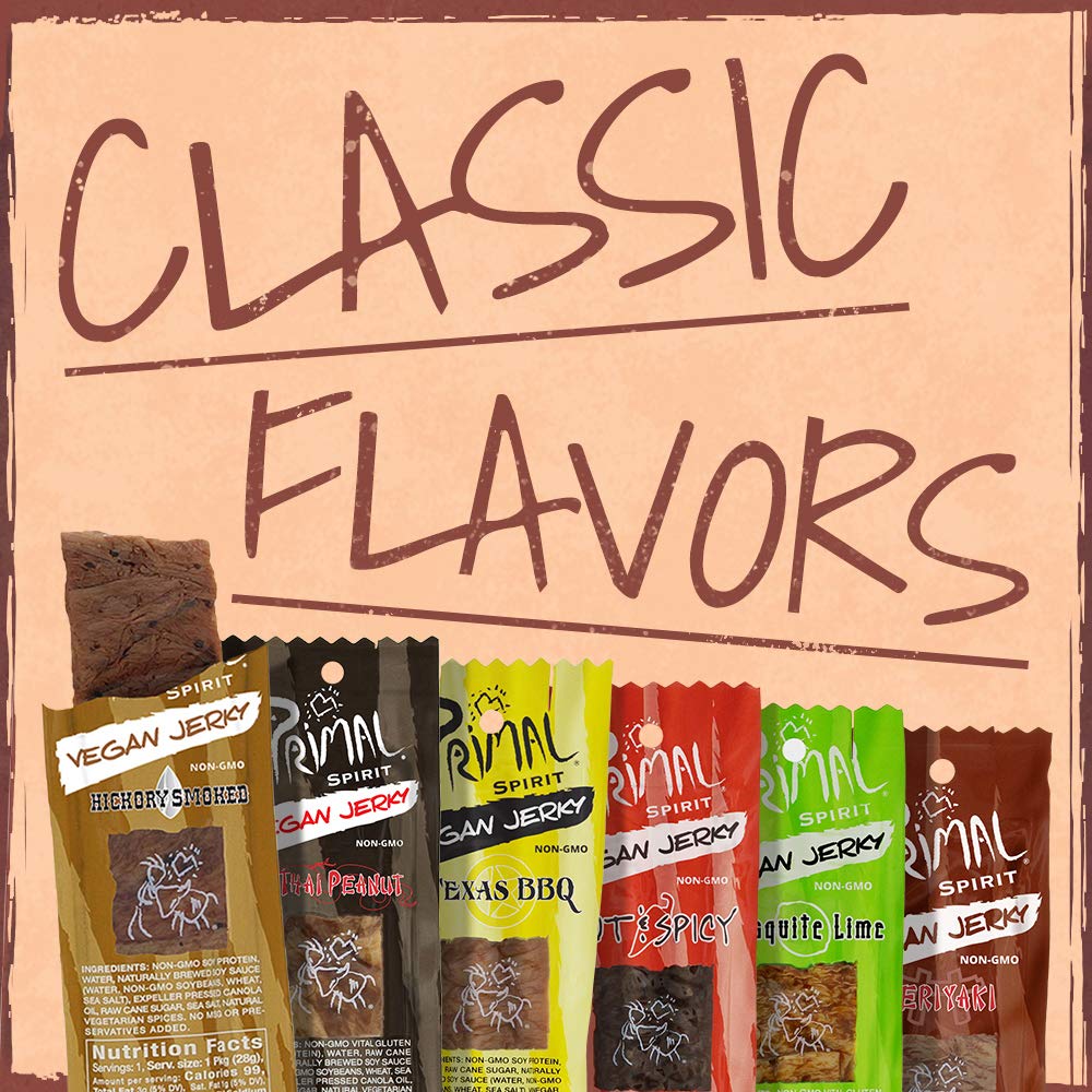 Primal Spirit Vegan Jerky – Soy Protein Energy Pack, 24-Pack, 1 oz (Hickory Smoked & Texas BBQ)