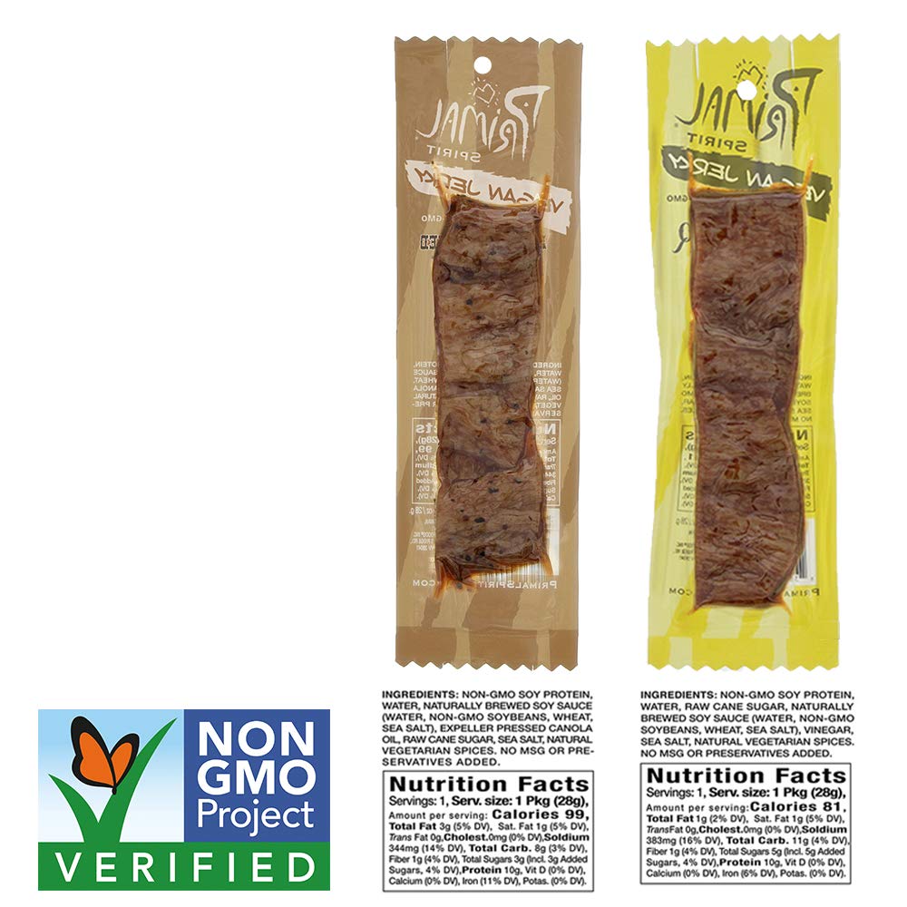 Primal Spirit Vegan Jerky – Soy Protein Energy Pack, 24-Pack, 1 oz (Hickory Smoked & Texas BBQ)