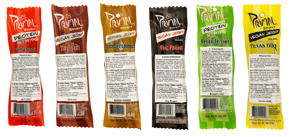 Primal Spirit Vegan Jerky – The Classics 24-Pack (Teriyaki, Hickory Smoked, Texas BBQ, Thai Peanut, Hot & Spicy, Mesquite Lime)