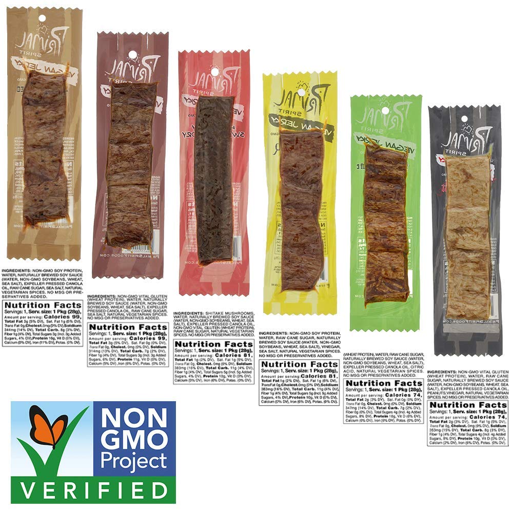 Primal Spirit Vegan Jerky – The Classics 24-Pack (Teriyaki, Hickory Smoked, Texas BBQ, Thai Peanut, Hot & Spicy, Mesquite Lime)