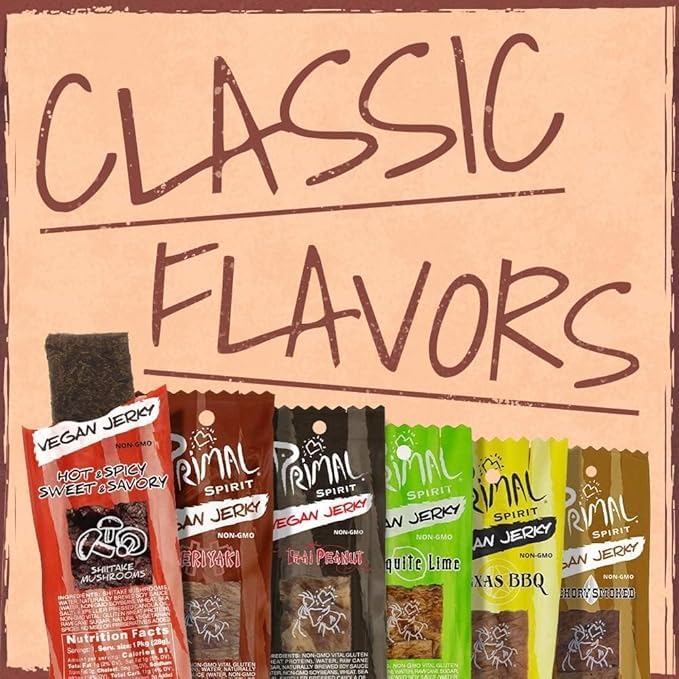 Primal Spirit Vegan Jerky – The Classics 24-Pack (Teriyaki, Hickory Smoked, Texas BBQ, Thai Peanut, Hot & Spicy, Mesquite Lime)