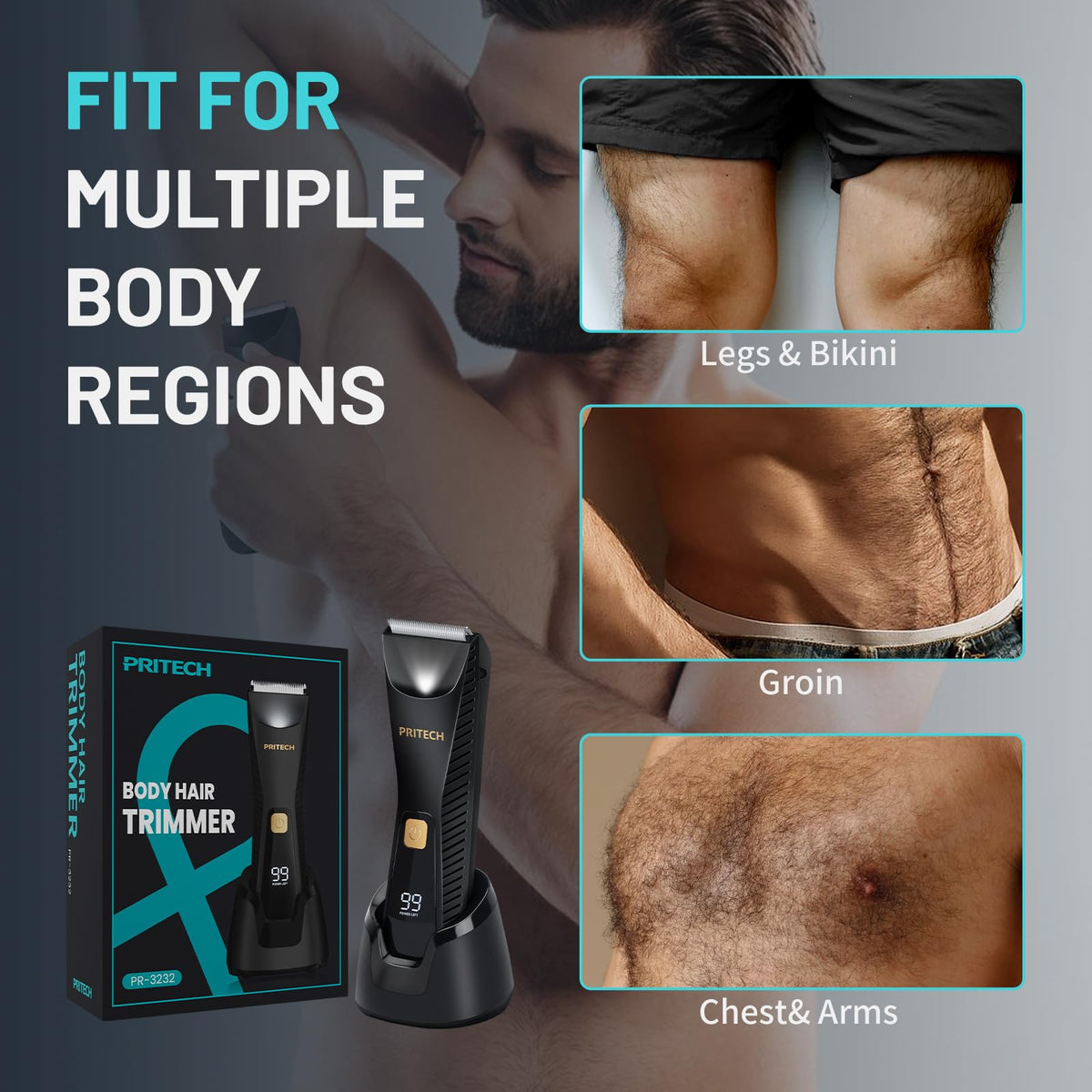 PRITECH Manscape Body Hair Trimmer - Waterproof Pubic Hair Ball Trimmer, Ceramic Blade Shavers Electric Razors for Men with USB-C Charging, Wet/Dry Use, Nick-Free Mens Grooming Kits, Gifts for Men
