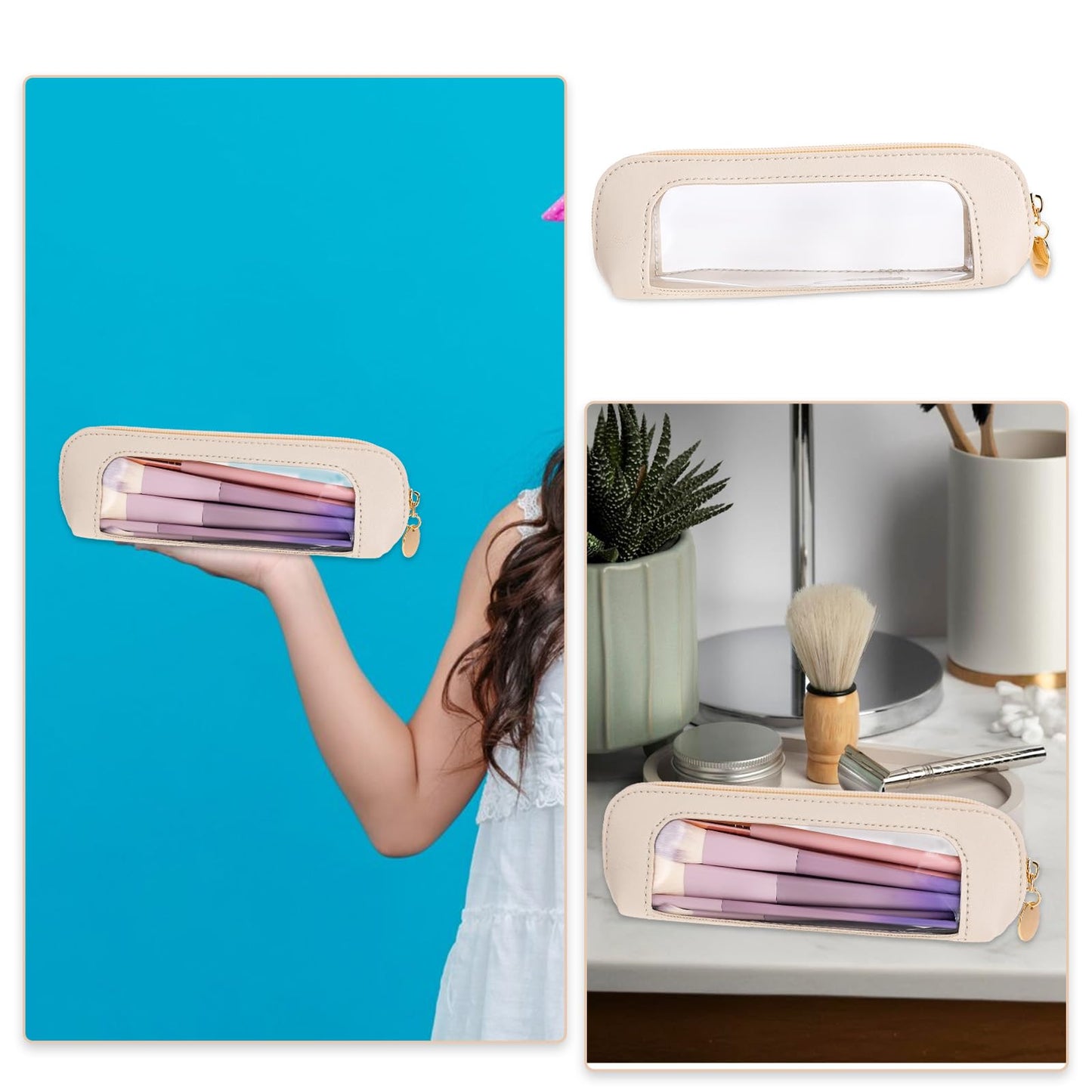 Psyqtsuary Small Clear Makeup Bag, PU Leather Travel Makeup Brush Case Portable Transparent Waterproof Cosmetic Organizer Pouch with Zipper for Women Home Travel Office Cosmetic Storage (Beige)