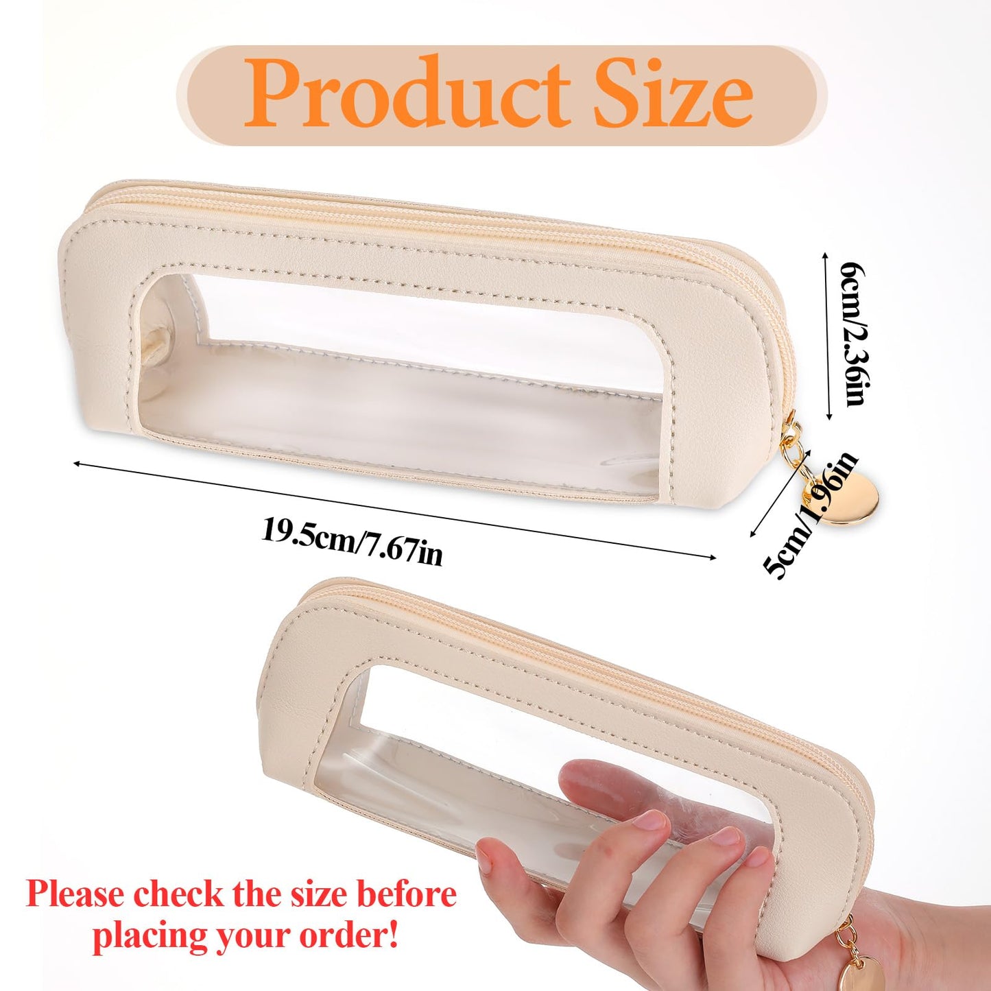 Psyqtsuary Small Clear Makeup Bag, PU Leather Travel Makeup Brush Case Portable Transparent Waterproof Cosmetic Organizer Pouch with Zipper for Women Home Travel Office Cosmetic Storage (Beige)