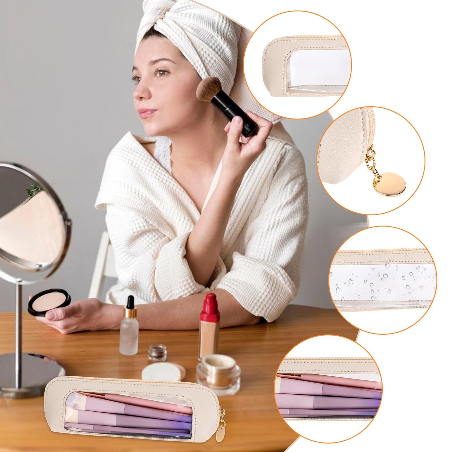 Psyqtsuary Small Clear Makeup Bag, PU Leather Travel Makeup Brush Case Portable Transparent Waterproof Cosmetic Organizer Pouch with Zipper for Women Home Travel Office Cosmetic Storage (Beige)