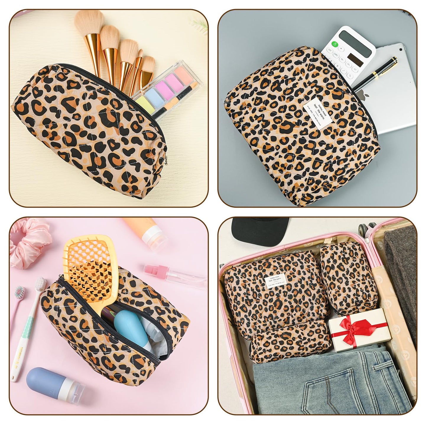 Puchifoda Quilted Makeup Bag Set,3 Pcs Puffy Cosmetic Bags Aesthetic Make Up Bags,Small Zipper Pouch,Travel Toiletry Bag Purse Organizer Pouches for Women (Leopard-Print)