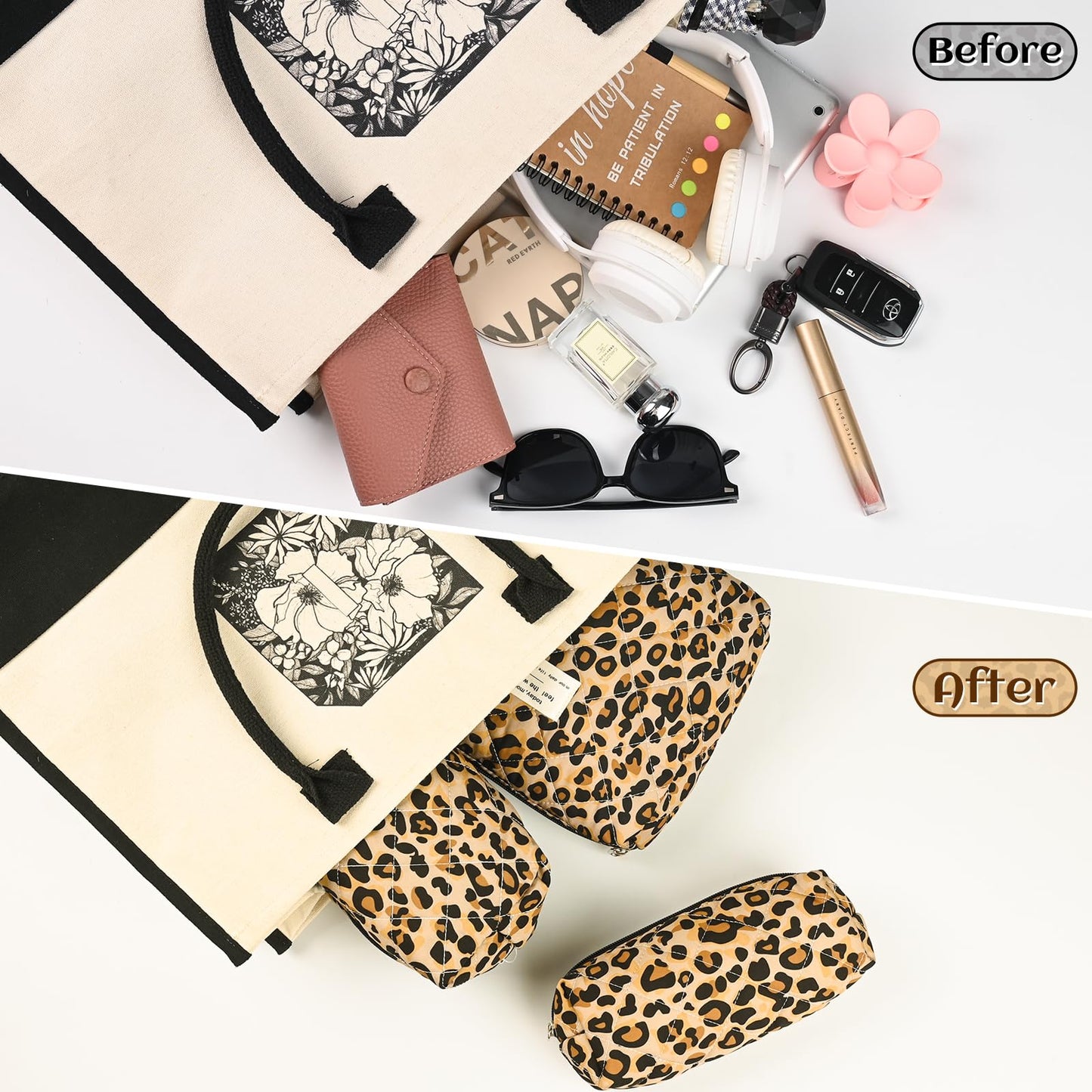 Puchifoda Quilted Makeup Bag Set,3 Pcs Puffy Cosmetic Bags Aesthetic Make Up Bags,Small Zipper Pouch,Travel Toiletry Bag Purse Organizer Pouches for Women (Leopard-Print)