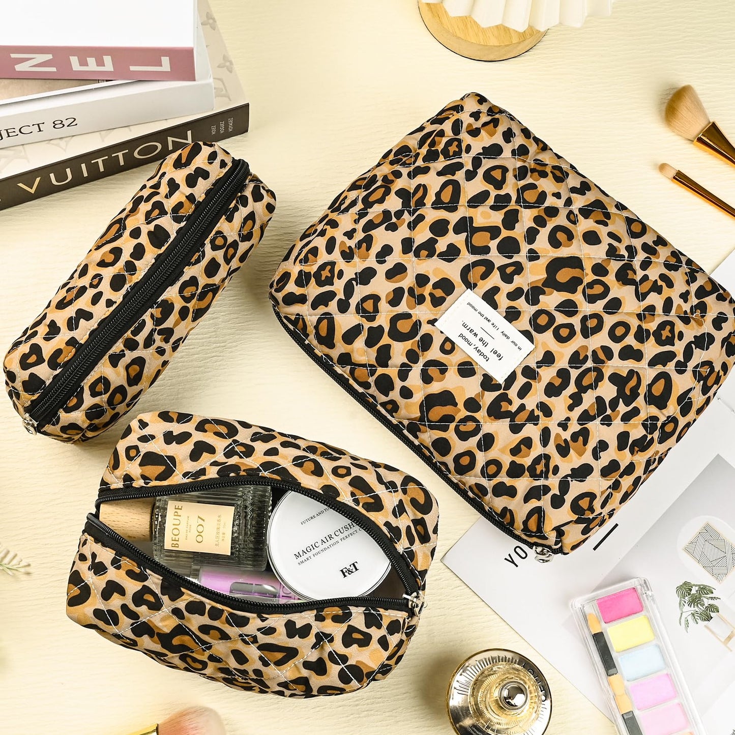 Puchifoda Quilted Makeup Bag Set,3 Pcs Puffy Cosmetic Bags Aesthetic Make Up Bags,Small Zipper Pouch,Travel Toiletry Bag Purse Organizer Pouches for Women (Leopard-Print)
