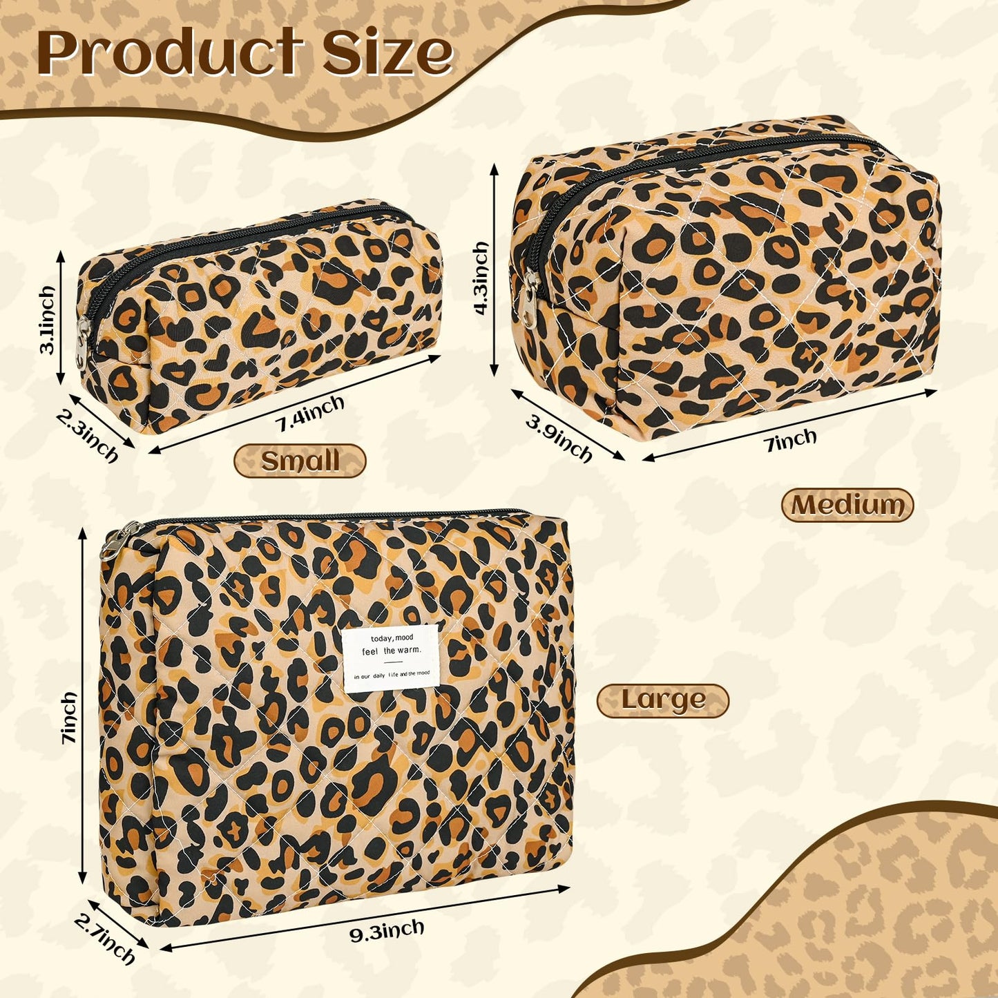 Puchifoda Quilted Makeup Bag Set,3 Pcs Puffy Cosmetic Bags Aesthetic Make Up Bags,Small Zipper Pouch,Travel Toiletry Bag Purse Organizer Pouches for Women (Leopard-Print)