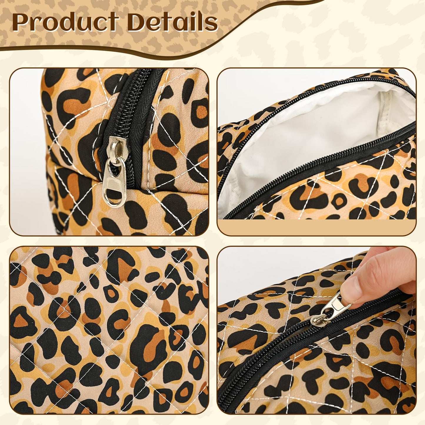 Puchifoda Quilted Makeup Bag Set,3 Pcs Puffy Cosmetic Bags Aesthetic Make Up Bags,Small Zipper Pouch,Travel Toiletry Bag Purse Organizer Pouches for Women (Leopard-Print)