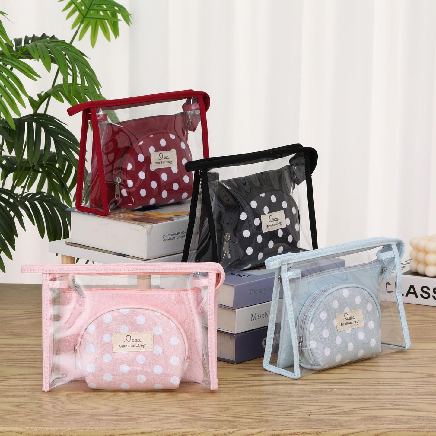 Qikuver Clear Makeup Bag Set, 3 Pack Makeup Toiletry Bags for Women, Portable Travel Cosmetic Bags Purse Bags Zipper Storage Pouches for Home Travel Accessories (Red)