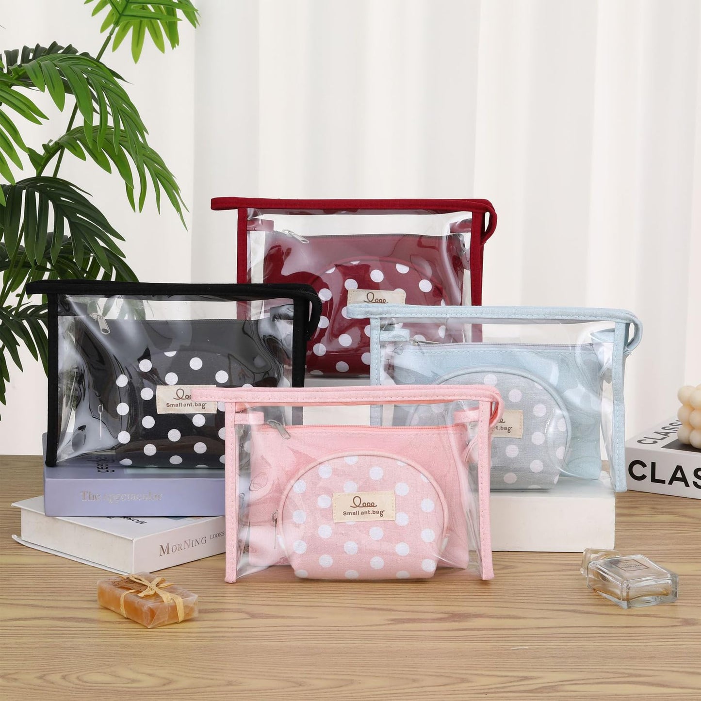 Qikuver Clear Makeup Bag Set, 3 Pack Makeup Toiletry Bags for Women, Portable Travel Cosmetic Bags Purse Bags Zipper Storage Pouches for Home Travel Accessories (Red)