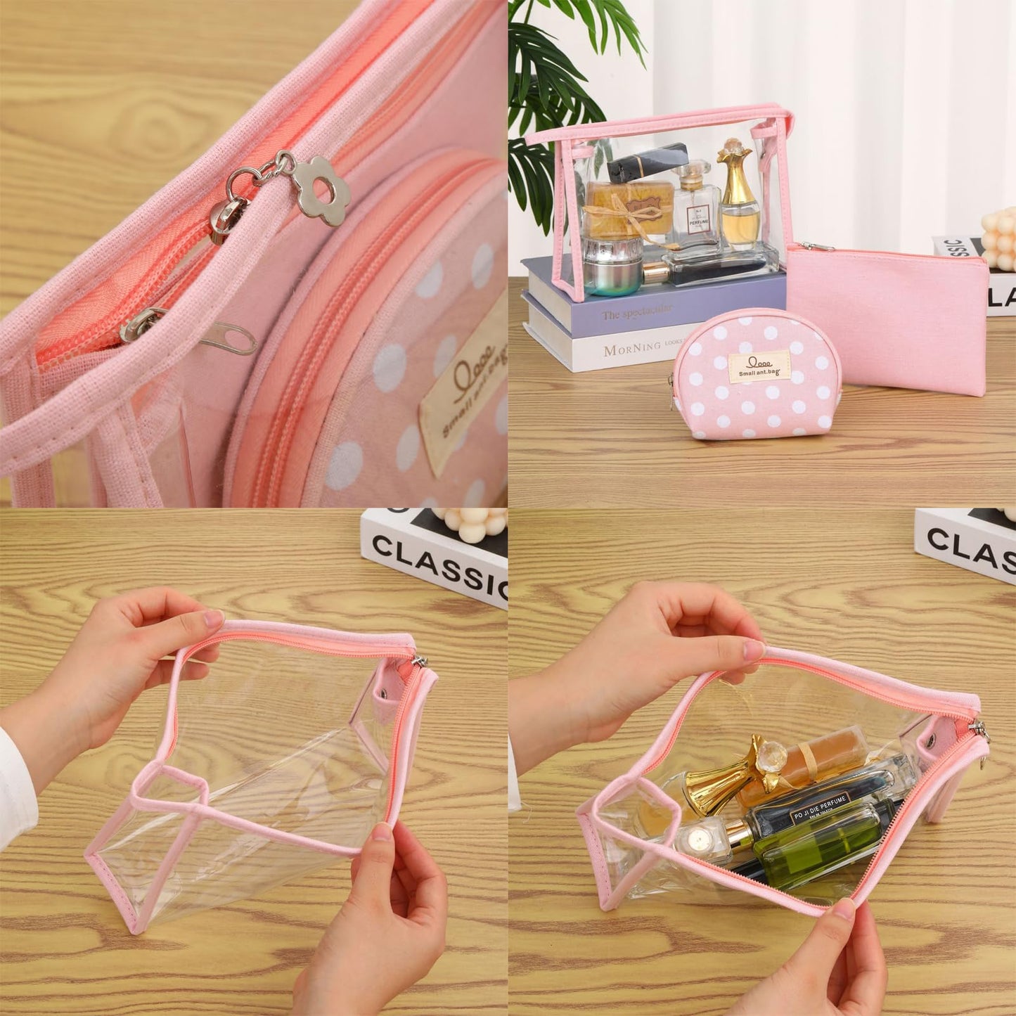 Qikuver Clear Makeup Bag Set, 3 Pack Makeup Toiletry Bags for Women, Portable Travel Cosmetic Bags Purse Bags Zipper Storage Pouches for Home Travel Accessories (Red)