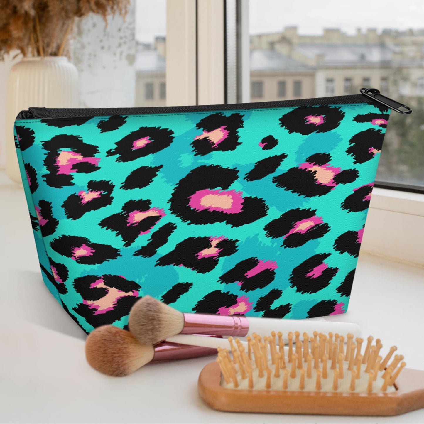QsirBC Waterproof Makeup Bag Travel Cosmetic Pouch Multi Functional Organizer for Women Travel Gym Camping Gifts Leopard Jade Green