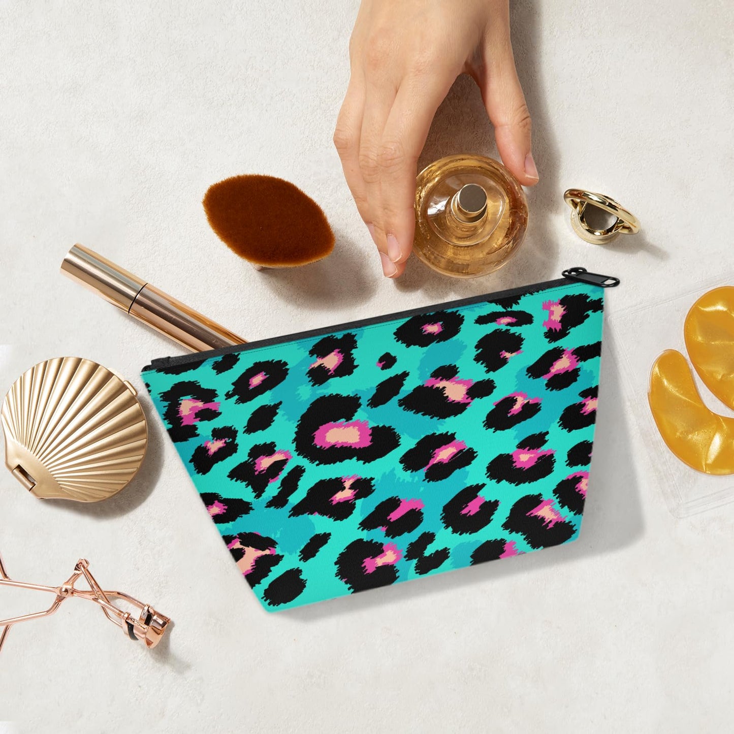 QsirBC Waterproof Makeup Bag Travel Cosmetic Pouch Multi Functional Organizer for Women Travel Gym Camping Gifts Leopard Jade Green