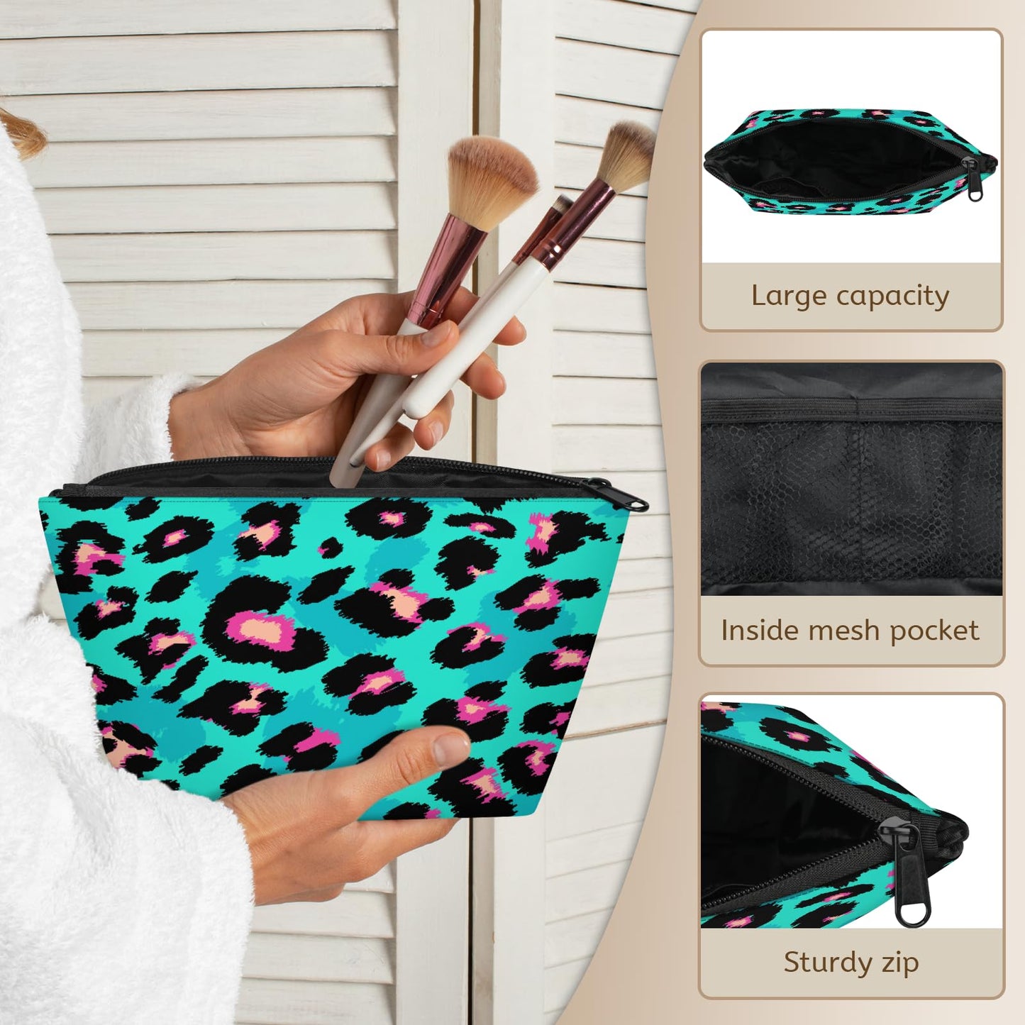 QsirBC Waterproof Makeup Bag Travel Cosmetic Pouch Multi Functional Organizer for Women Travel Gym Camping Gifts Leopard Jade Green