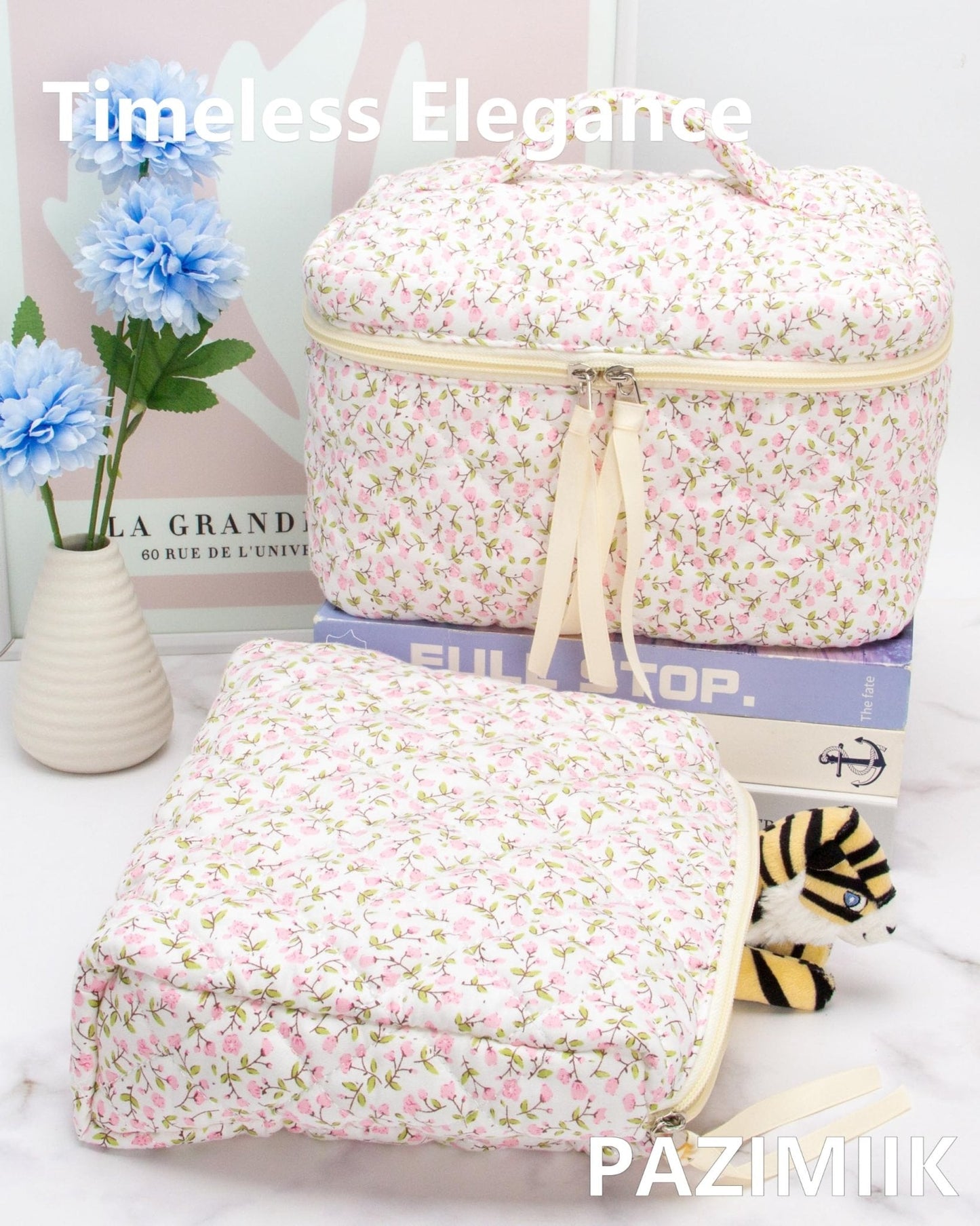 Quilted Makeup Pouch for Women, Travel Cosmetic&Toiletry Bag,Floral Pink