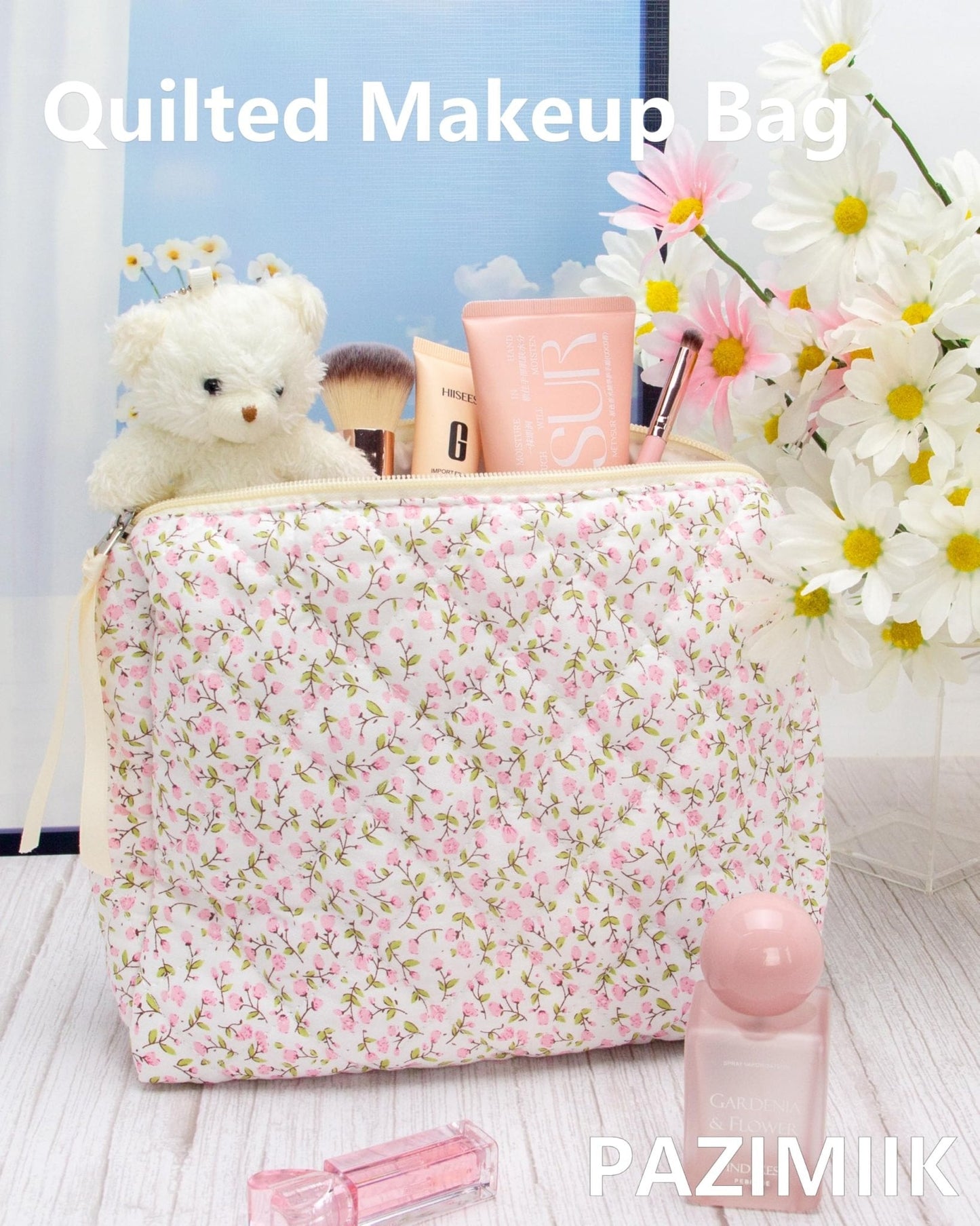 Quilted Makeup Pouch for Women, Travel Cosmetic&Toiletry Bag,Floral Pink