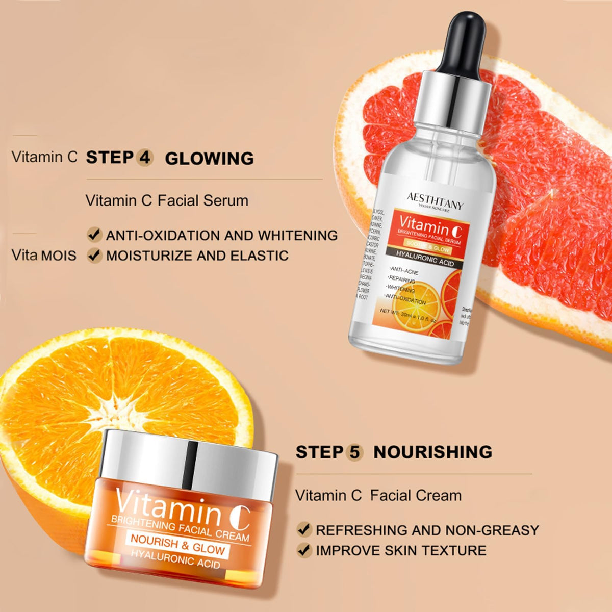 R RadiantRise Vitamin C Skin Care Set For Women , 5-In-1 Moisturizing Hyaluronic Acid Skin Care Routine with Facial Cleanser, Serum, Face Cream, Eye Cream, Toner