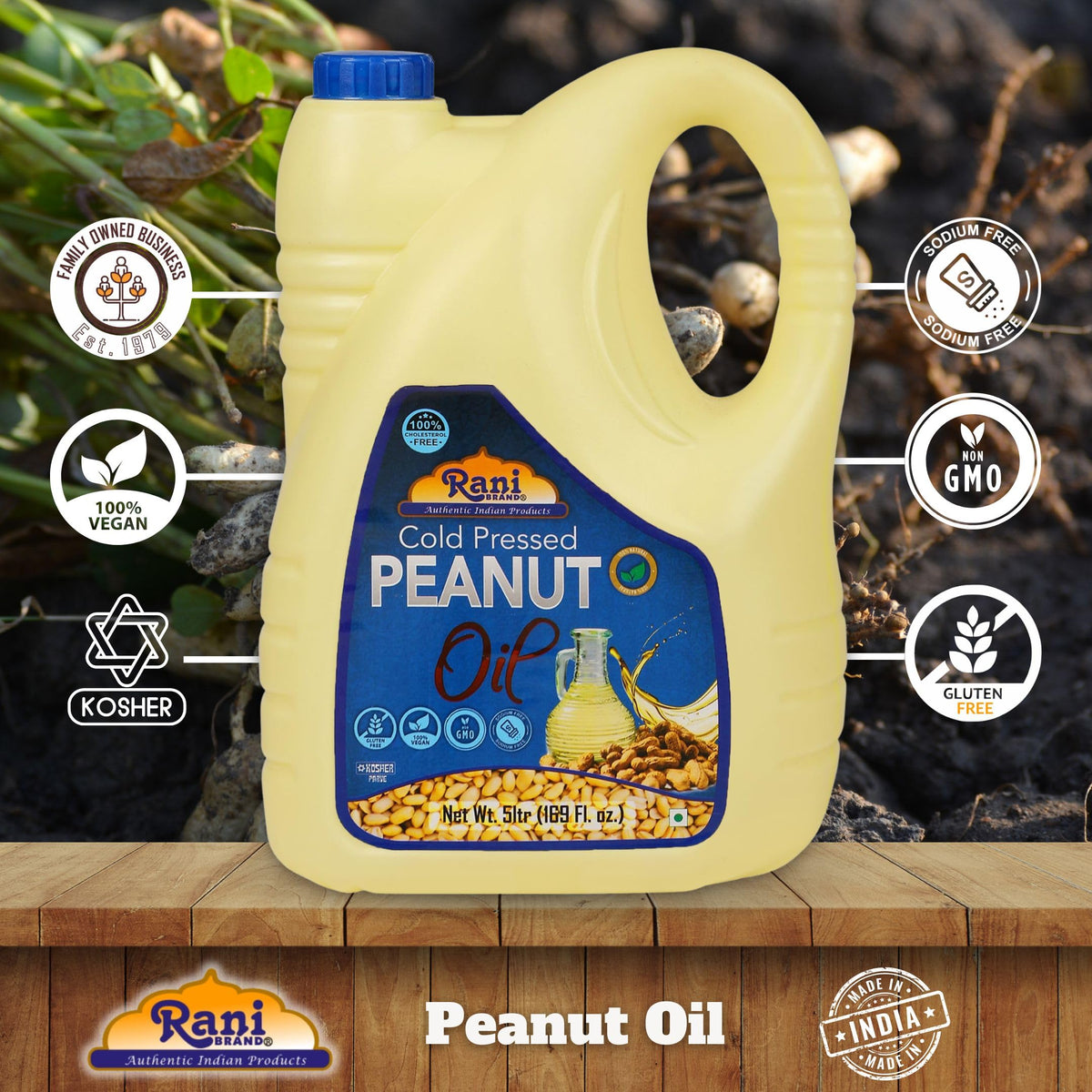 Rani Peanut Oil 5L | Cold Pressed, 100% Natural, Kosher, Vegan, Non-GMO