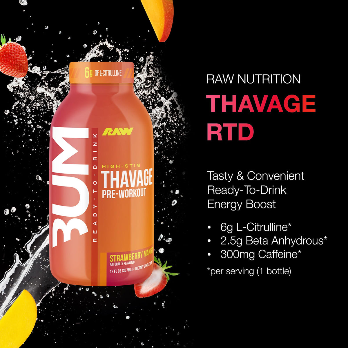 RAW Ready to Drink Pre-Workout – BUM Thavage RTD Shake, Zero Sugar, 12 Pack, Strawberry Mango