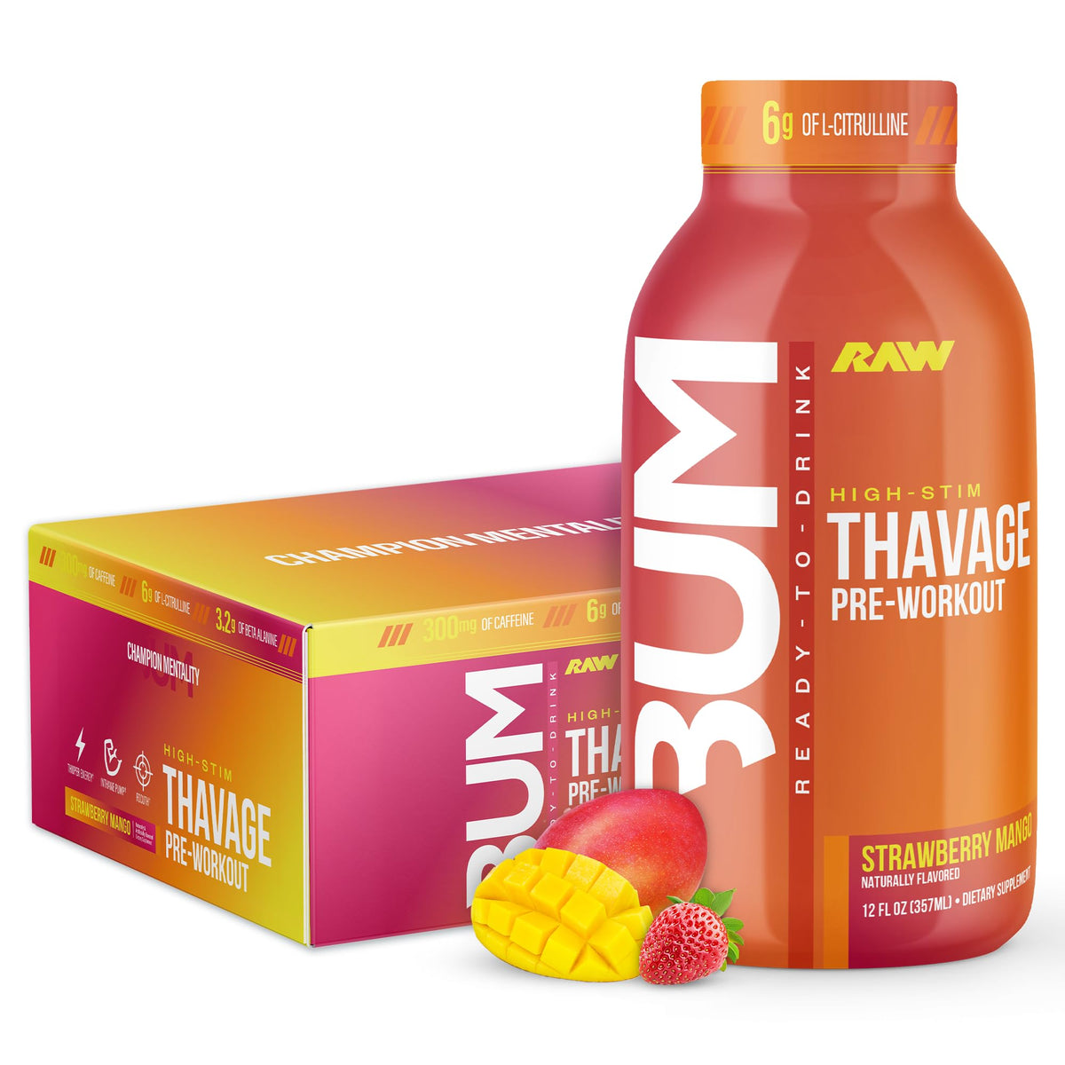 RAW Ready to Drink Pre-Workout – BUM Thavage RTD Shake, Zero Sugar, 12 Pack, Strawberry Mango