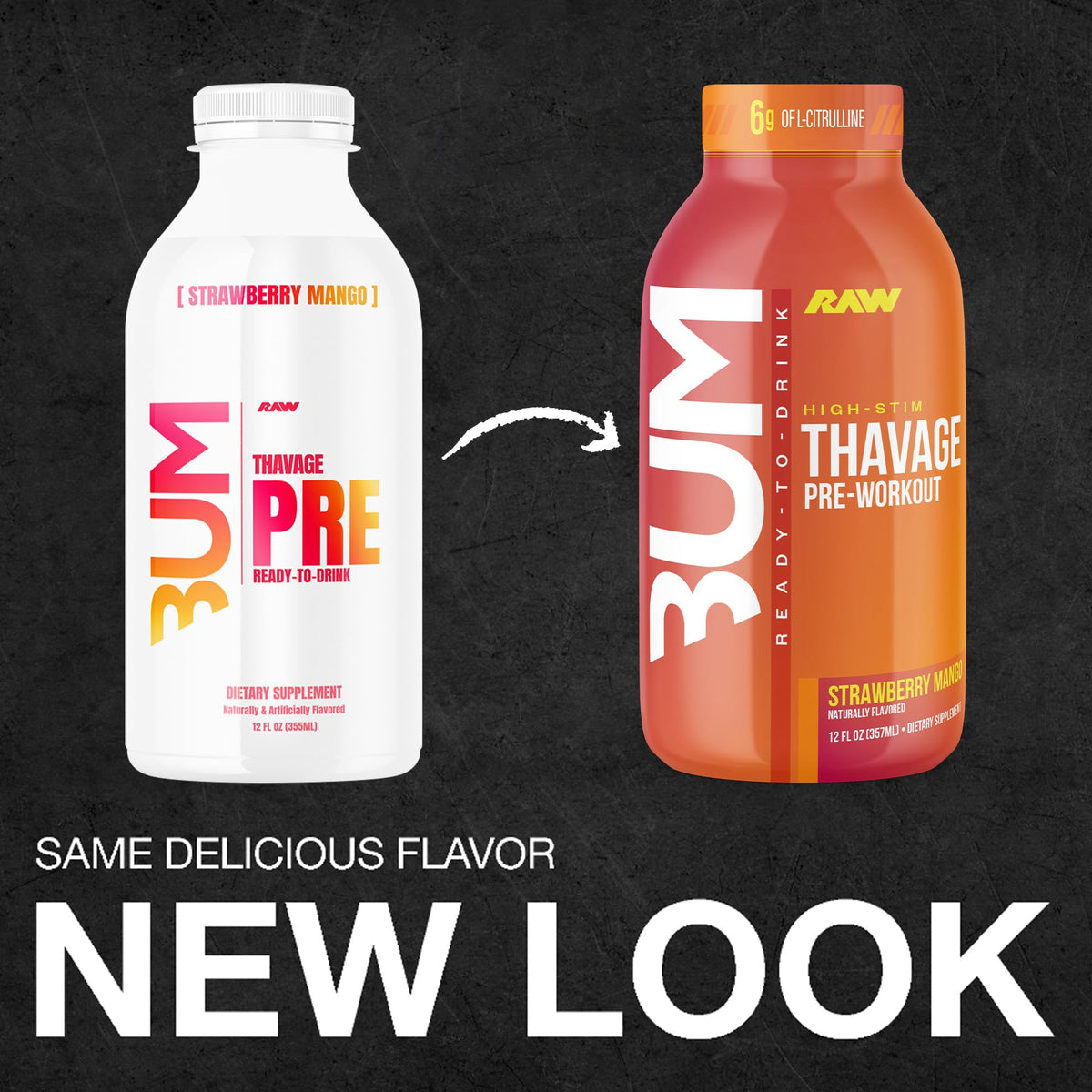 RAW Ready to Drink Pre-Workout – BUM Thavage RTD Shake, Zero Sugar, 12 Pack, Strawberry Mango