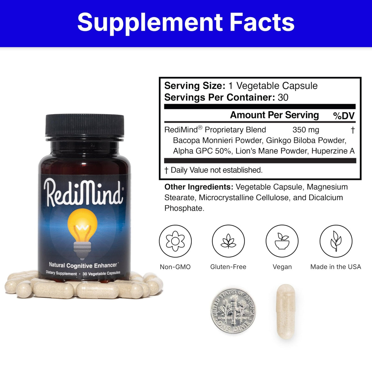 RediMind Natural Cognitive Support and Brain Supplement, Vegan, Gluten-Free
