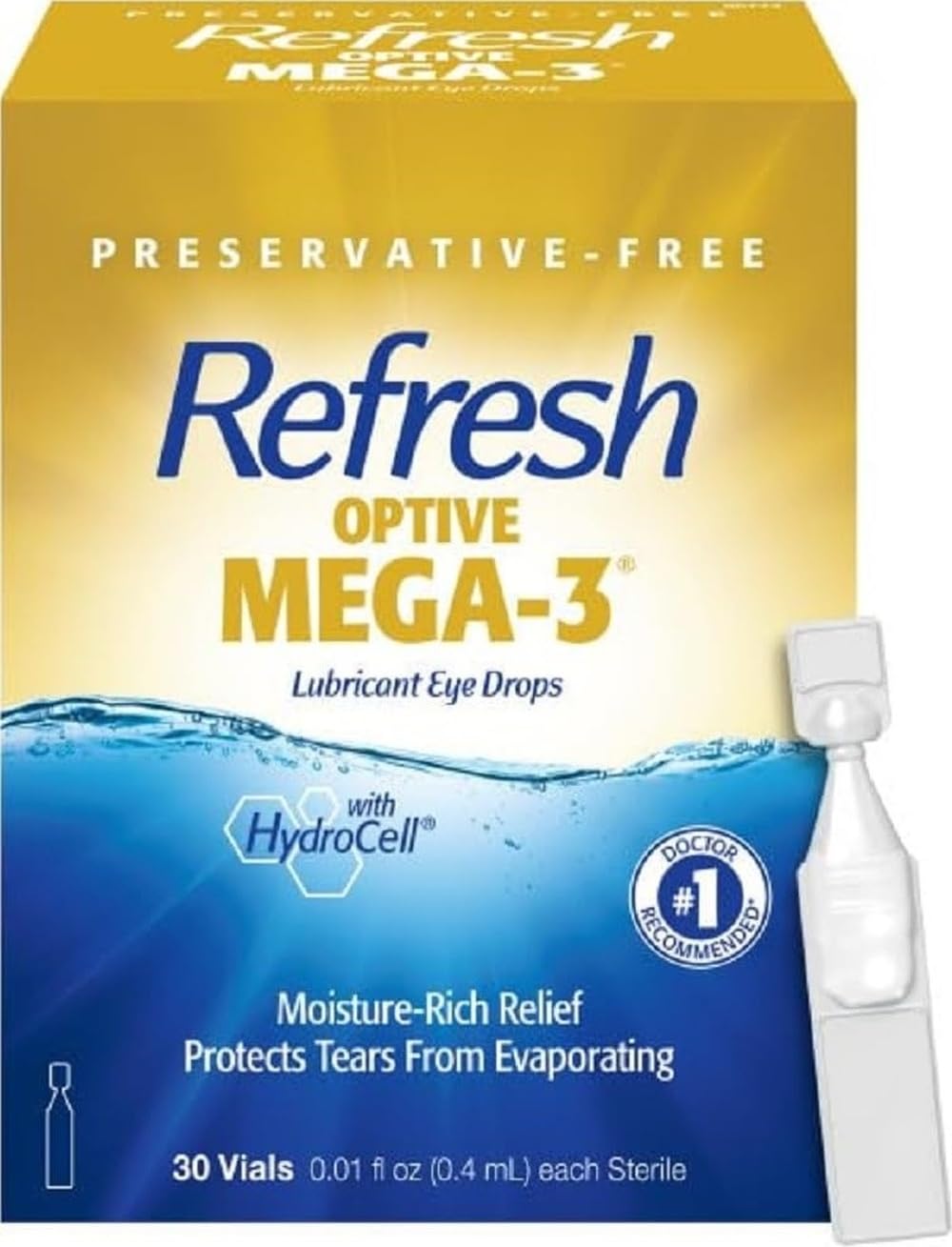 REFRESH OPTIVE MEGA-3 Lubricant Eye Drops Preservative-Free Artificial Tears, 0.01 fl oz (0.4 mL), 30 Single-Use Containers