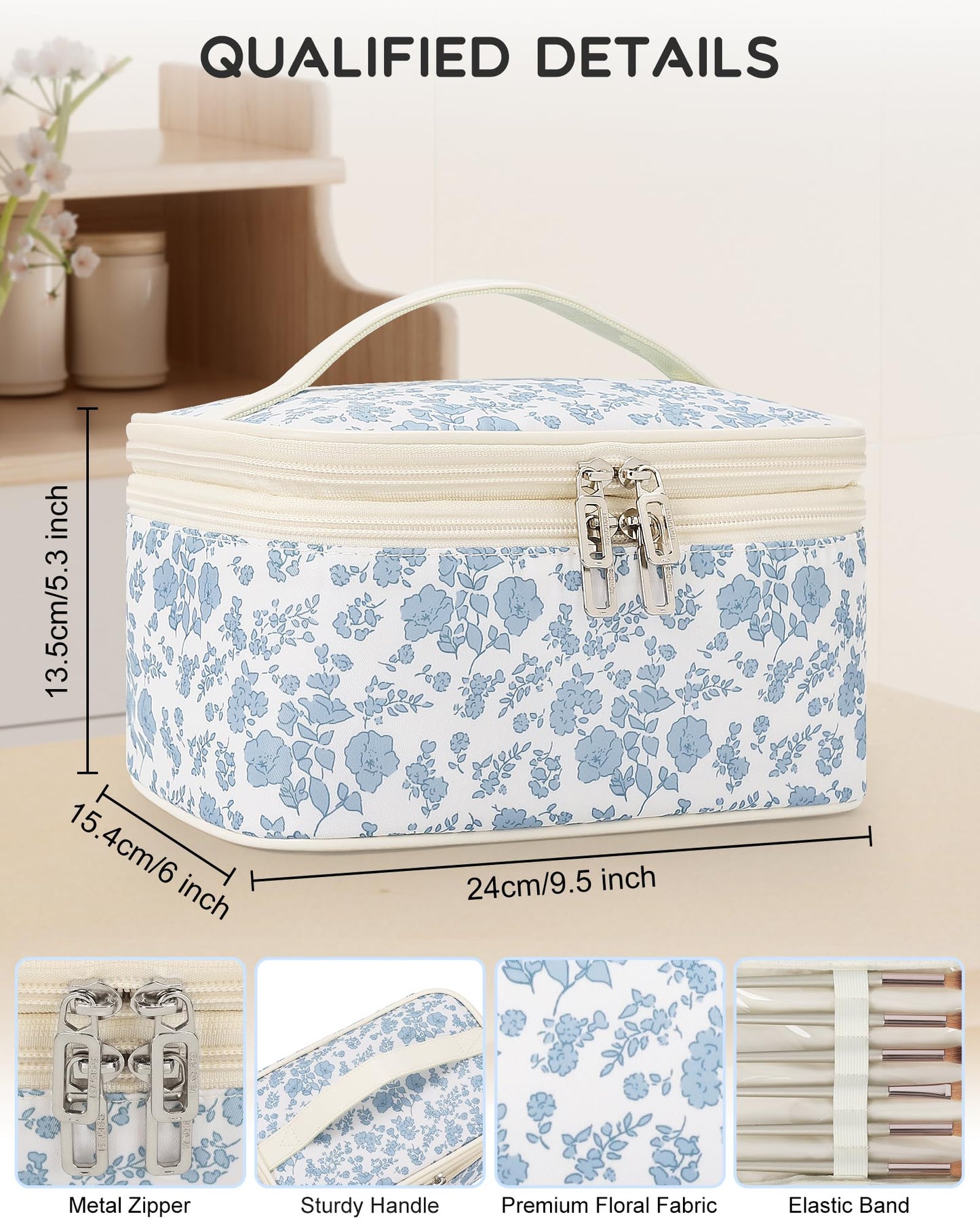 Relavel Travel Makeup Bag, Floral Cosmetic Bag with Brush Compartment