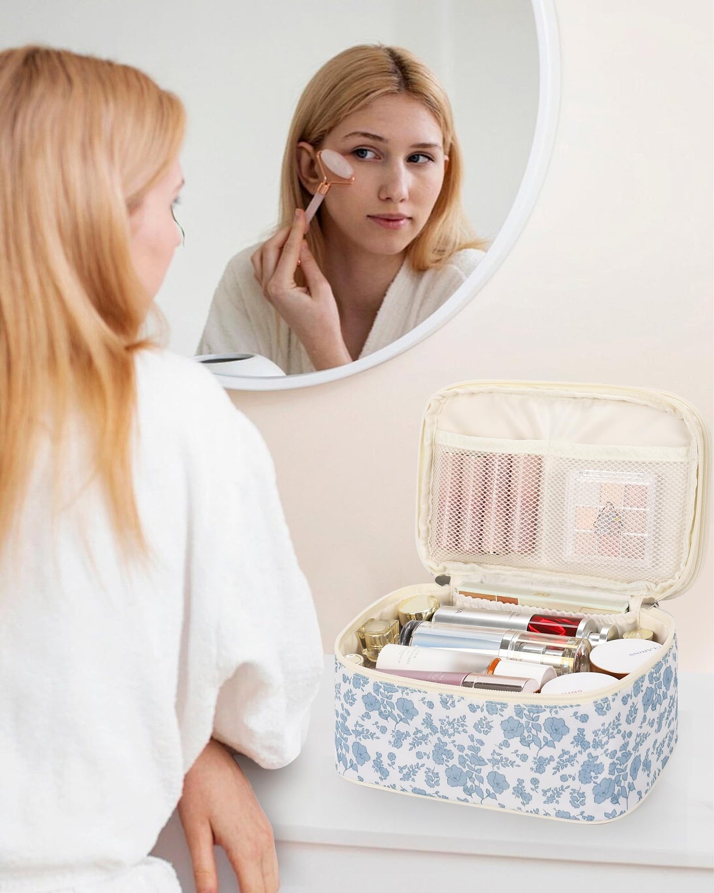 Relavel Travel Makeup Bag, Floral Cosmetic Bag with Brush Compartment