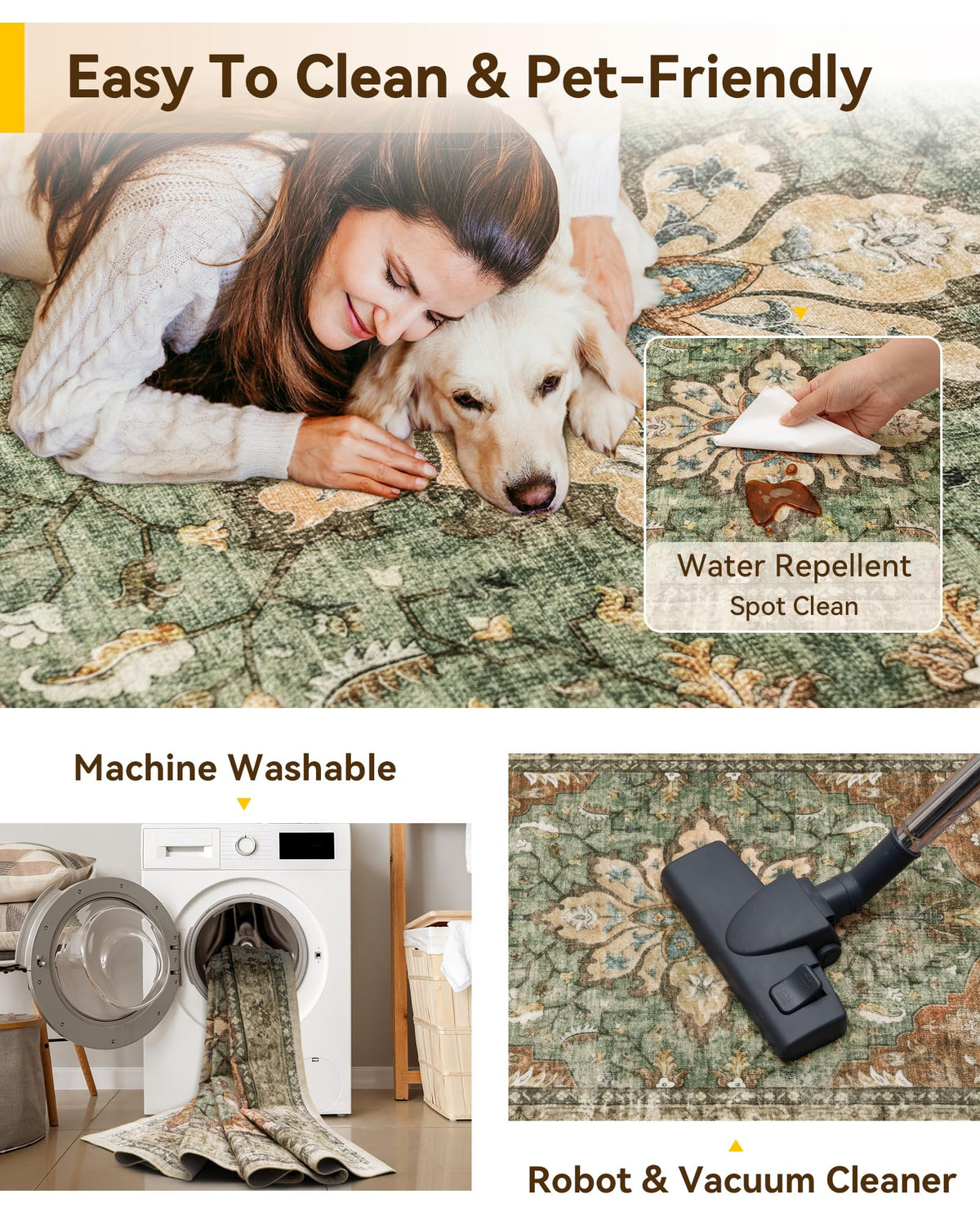 RELEANY Washable Area Rug, 8'x10', Brick/Brown/Green