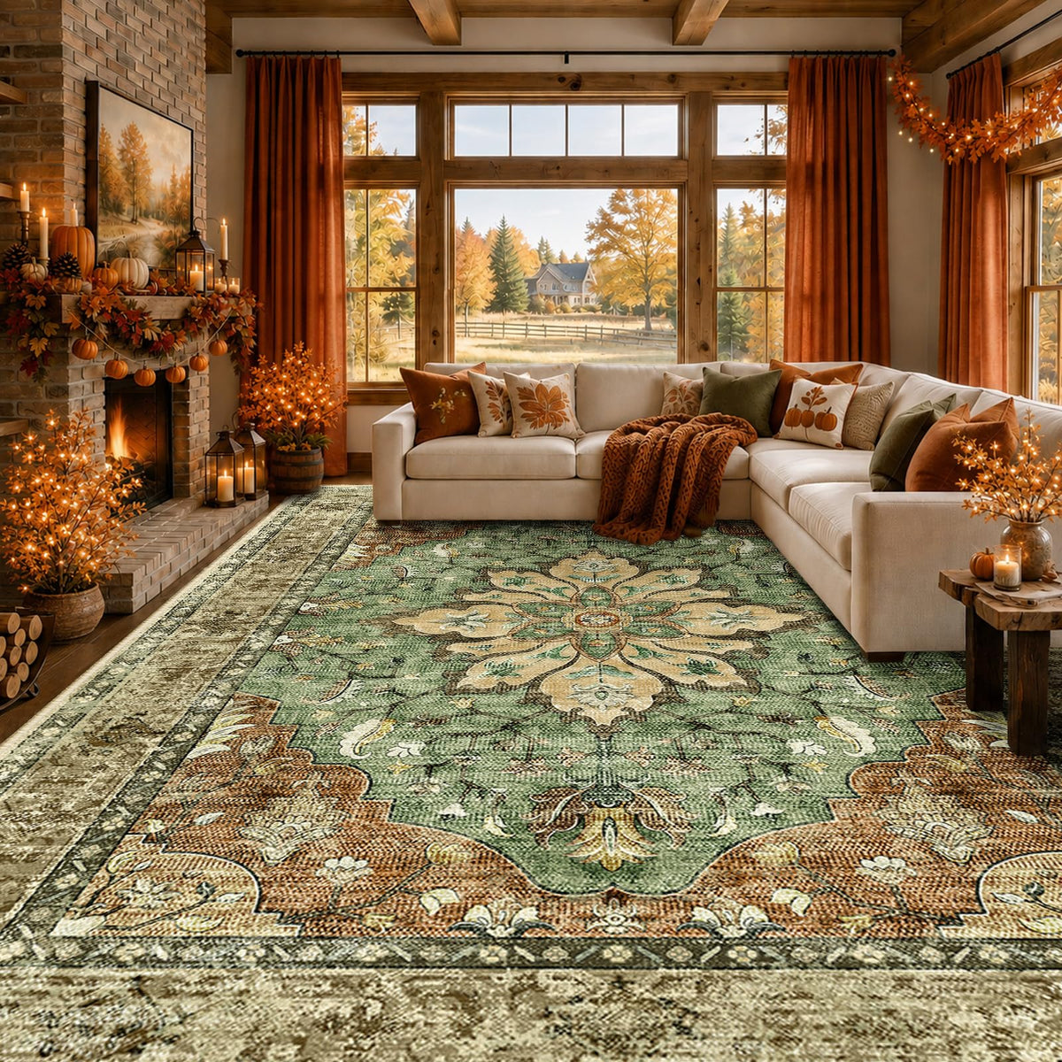 RELEANY Washable Area Rug, 8'x10', Brick/Brown/Green