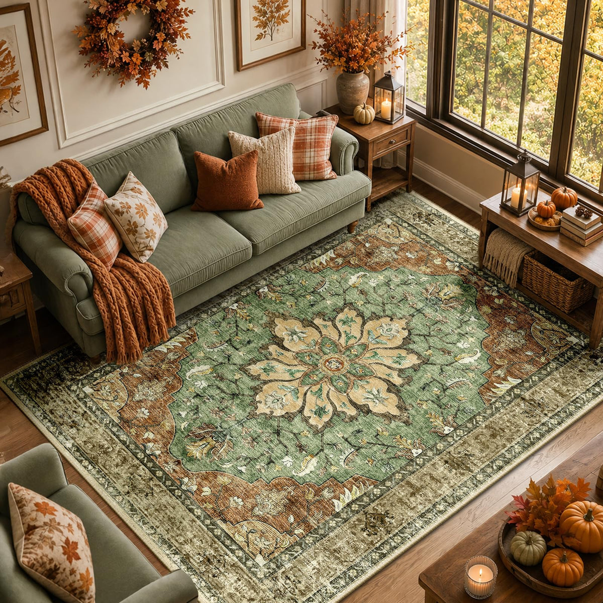 RELEANY Washable Area Rug, 8'x10', Brick/Brown/Green